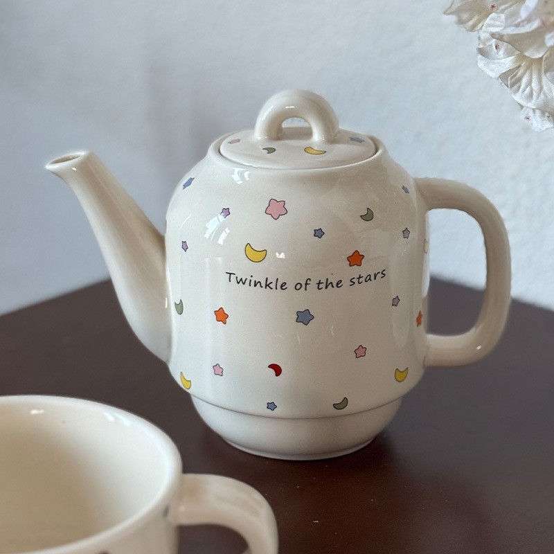 Set de Ceai, Flippy, Ceainic cu Ceasca pentru Uz Casnic, Stele cu Luna, Set de Ceai pentru Copii, Adulti, 18 x 17 x 13 cm, Alb Crem