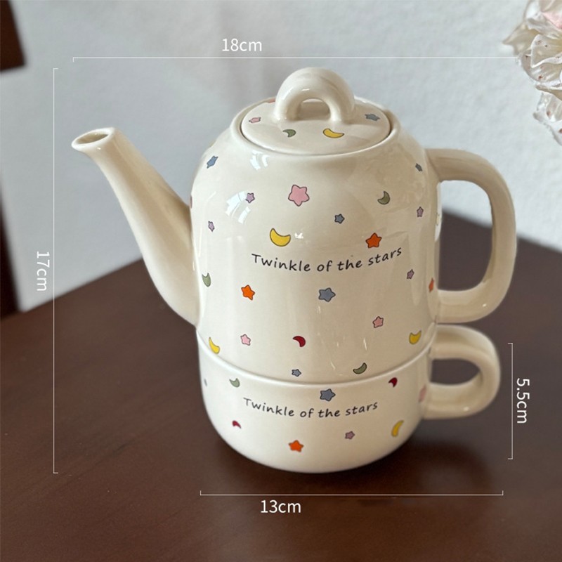 Set de Ceai, Flippy, Ceainic cu Ceasca pentru Uz Casnic, Stele cu Luna, Set de Ceai pentru Copii, Adulti, 18 x 17 x 13 cm, Alb Crem
