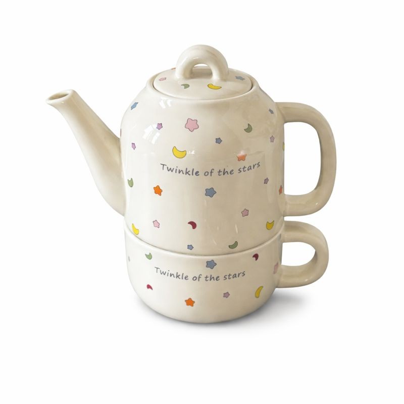 Set de Ceai, Flippy, Ceainic cu Ceasca pentru Uz Casnic, Stele cu Luna, Set de Ceai pentru Copii, Adulti, 18 x 17 x 13 cm, Alb Crem
