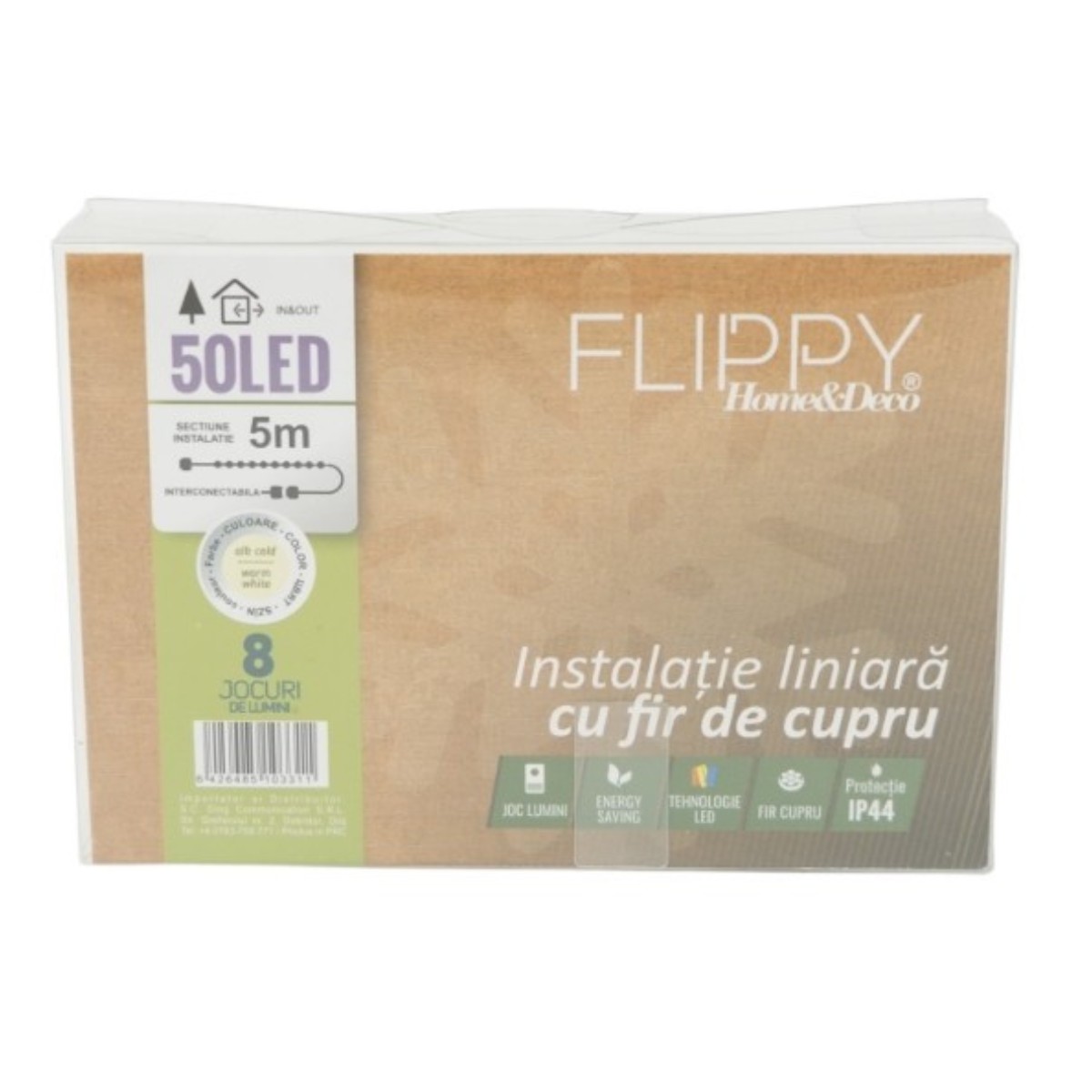 Instalatie de Craciun Liniara, Flippy®, Tip Liniara, Fir Cupru, 8 Jocuri de Lumini, cu Telecomanda, 5 m, 50 Led-uri, Alimentare USB, 4.5V, Alb Cald