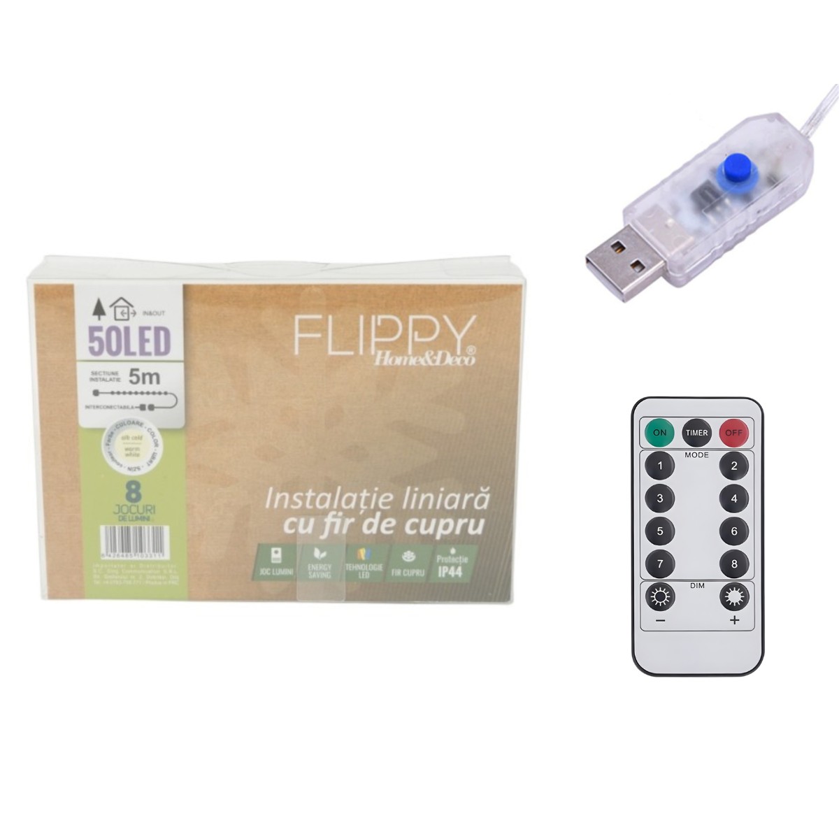 Instalatie de Craciun Liniara, Flippy®, Tip Liniara, Fir Cupru, 8 Jocuri de Lumini, cu Telecomanda, 5 m, 50 Led-uri, Alimentare USB, 4.5V, Alb Cald