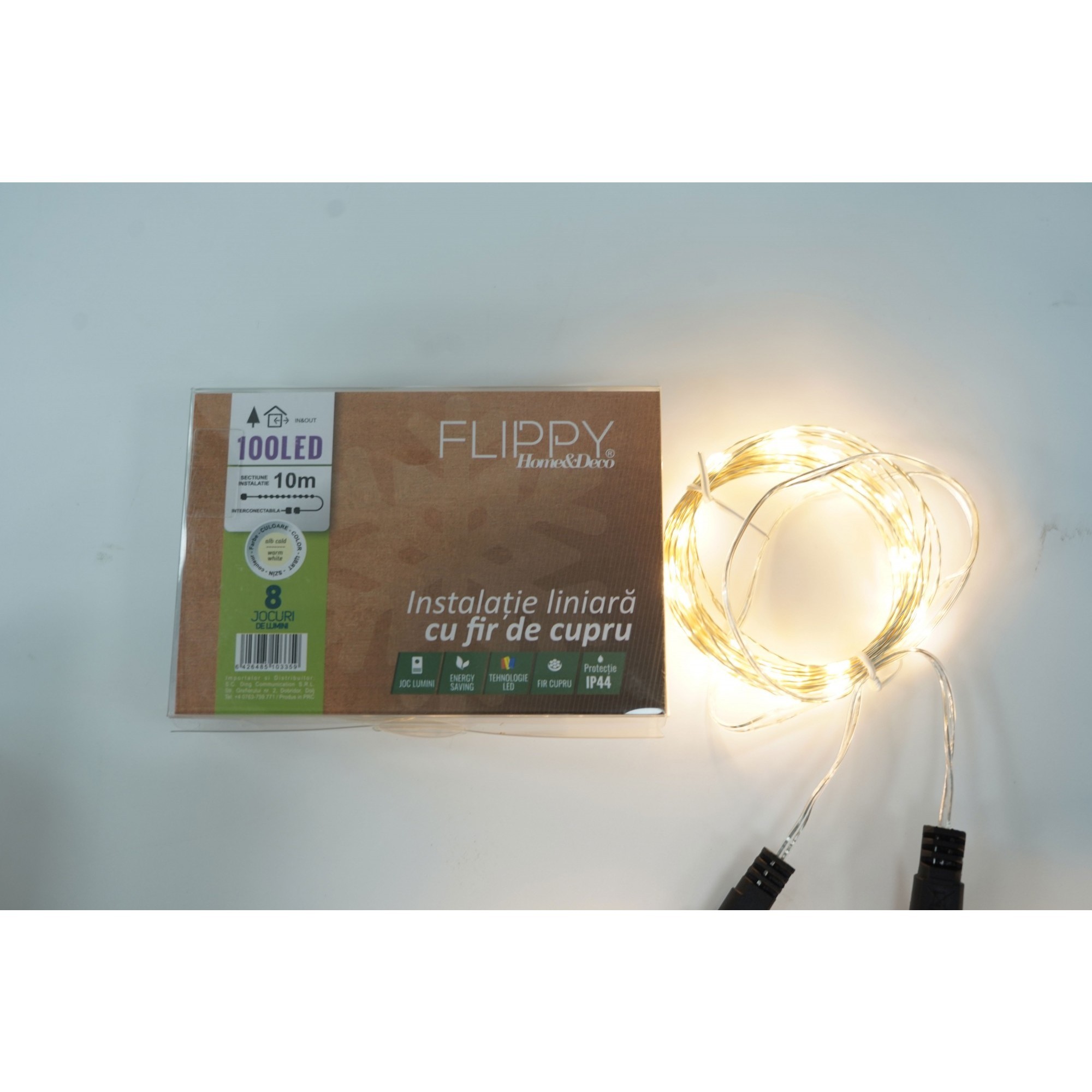Instalatie de Craciun Liniara, Flippy®, Tip Liniara, Fir Cupru, 8 Jocuri de Lumini, cu Telecomanda, 5 m, 50 Led-uri, Alimentare USB, 4.5V, Alb Cald