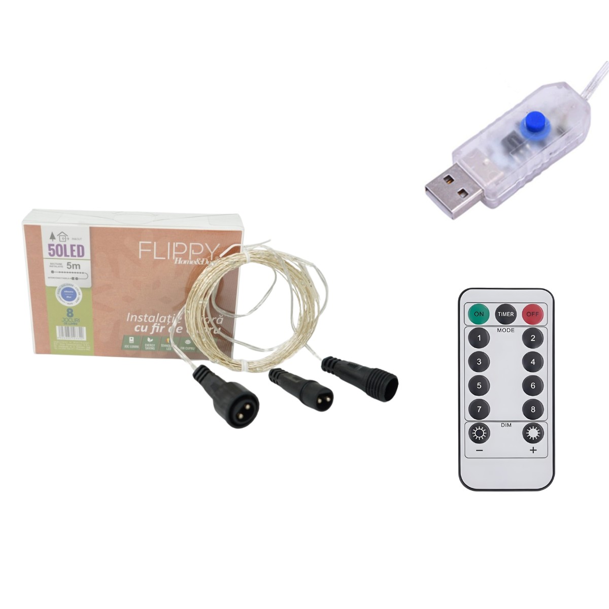 Instalatie de Craciun Liniara, Flippy®, Tip Liniara, Fir Cupru, 8 Jocuri de Lumini, cu Telecomanda, 5 m, 50 Led-uri, Alimentare USB, 4.5V, Albastru