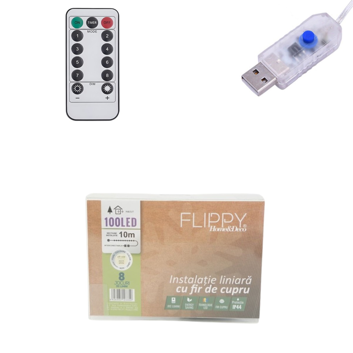 Instalatie de Craciun Liniara, Flippy®, Tip Liniara, Fir Cupru, 8 Jocuri de Lumini, cu Telecomanda, 10 m, 100 Led-uri, Alimentare USB, 4.5V, Alb Cald