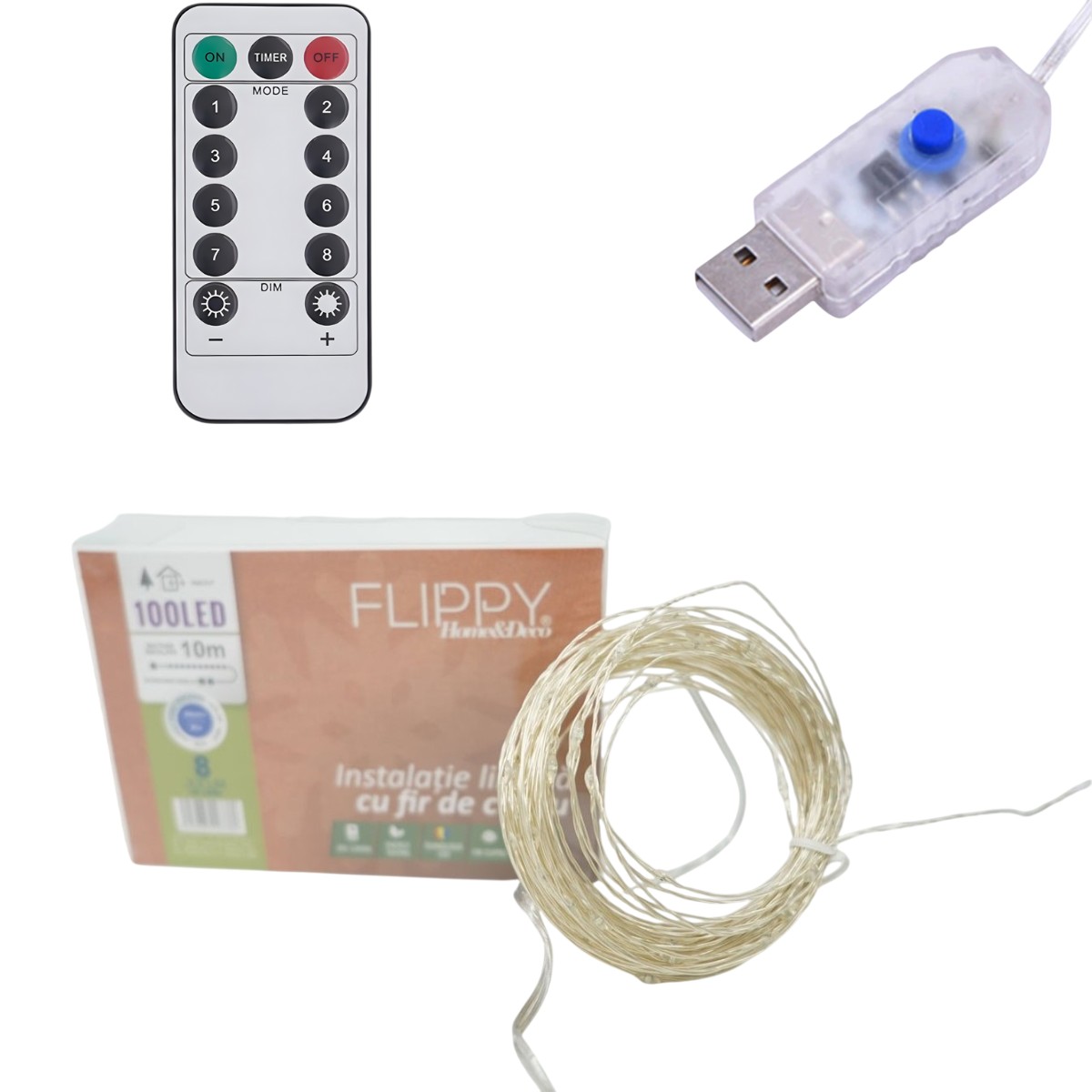 Instalatie de Craciun Liniara, Flippy®, Tip Liniara, Fir Cupru, 8 Jocuri de Lumini, cu Telecomanda, 10 m, 100 Led-uri, Alimentare USB, 4.5V, Albastru
