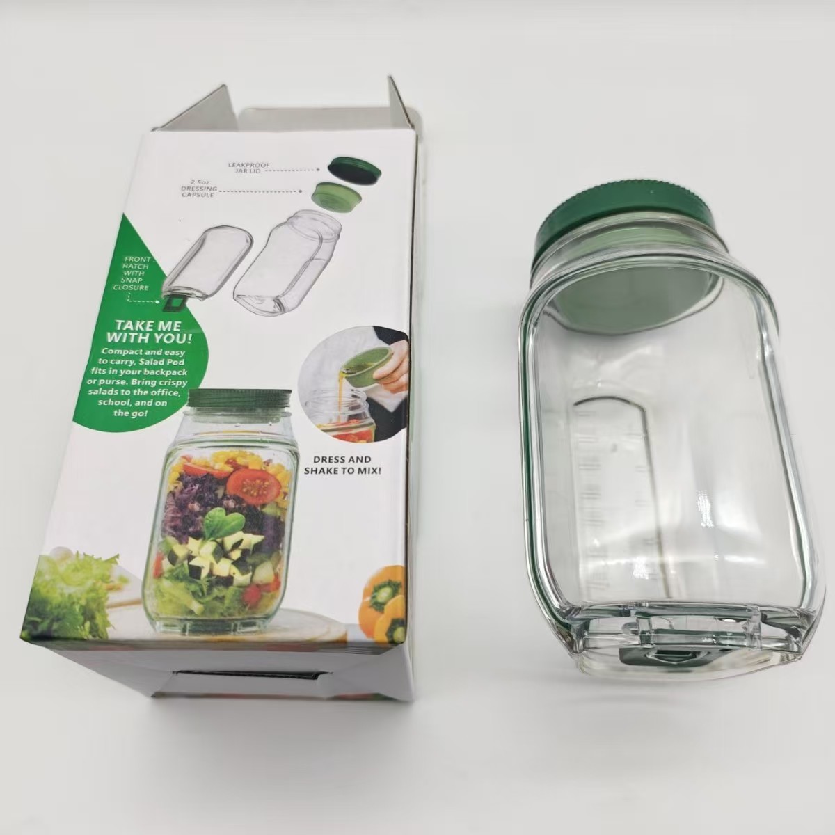 Container Caserola pentru Salata,, Flippy, Borcan pentru Salata, din PP, Gradat in ml, 1L, 19 x 10 x 10 cm, Capac Verde, Transparenta