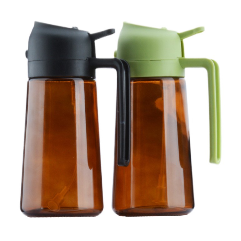 Organizatoare si Depozitare Bucatarie - Recipient pentru Ulei 2 in 1, Flippy, Set 2 Bucati, Functie Spray &amp; Turnare, din Sticla, Fara Scurgere, 18.5 x 8 x 8 cm, 470 ml/buc, Sticla Maro, Verde/Negru