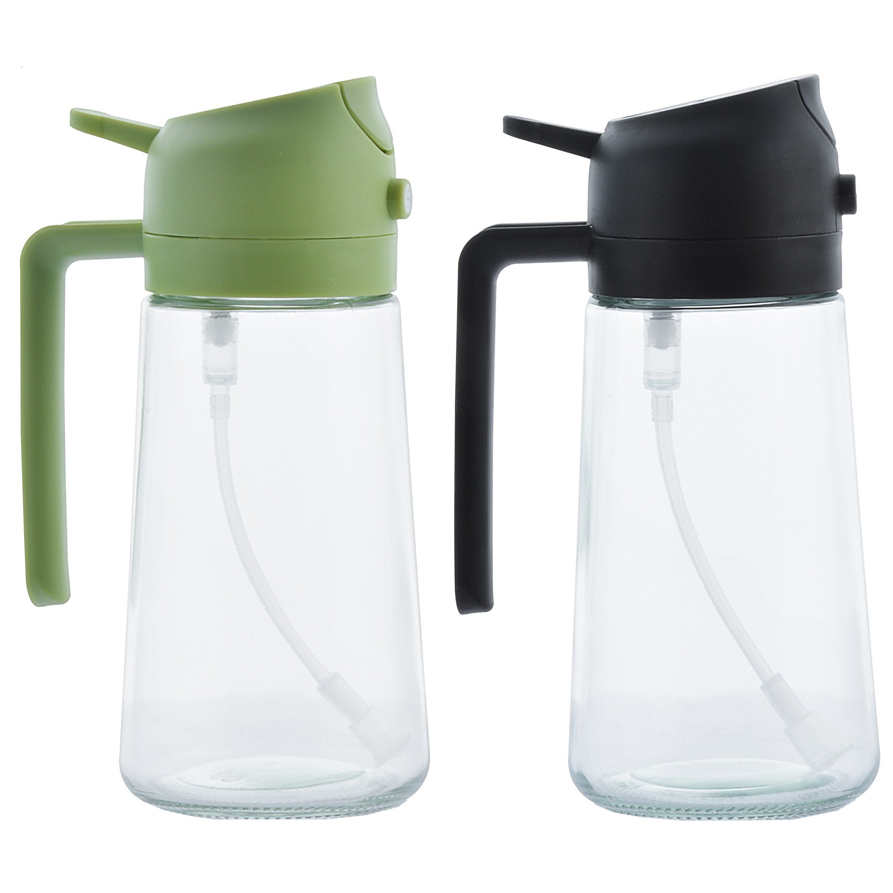 Organizatoare si Depozitare Bucatarie - Recipient pentru Ulei 2 in 1, Flippy, Set 2 Bucati, Functie Spray &amp; Turnare, din Sticla, Fara Scurgere, 18.5 x 8 x 8 cm, 470 ml/buc, Sticla Teansparenta, Verde/Negru