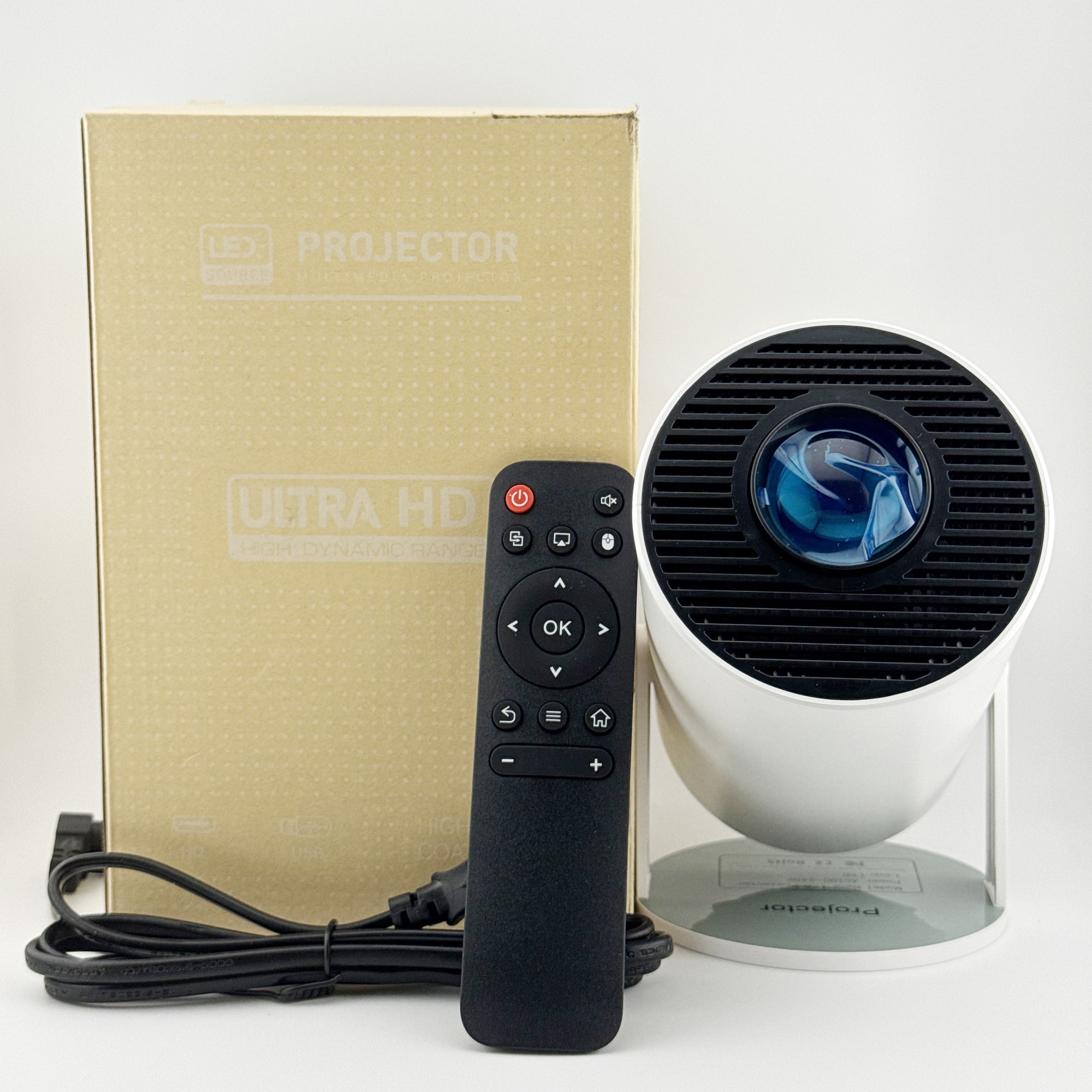 Video Proiector Portabil cilindric HY300, Flippy, Inteligent, HD 1280×720, Wireless, Compatibil cu Android/iOS, AC, 19 x 11 x 9 cm, Alb