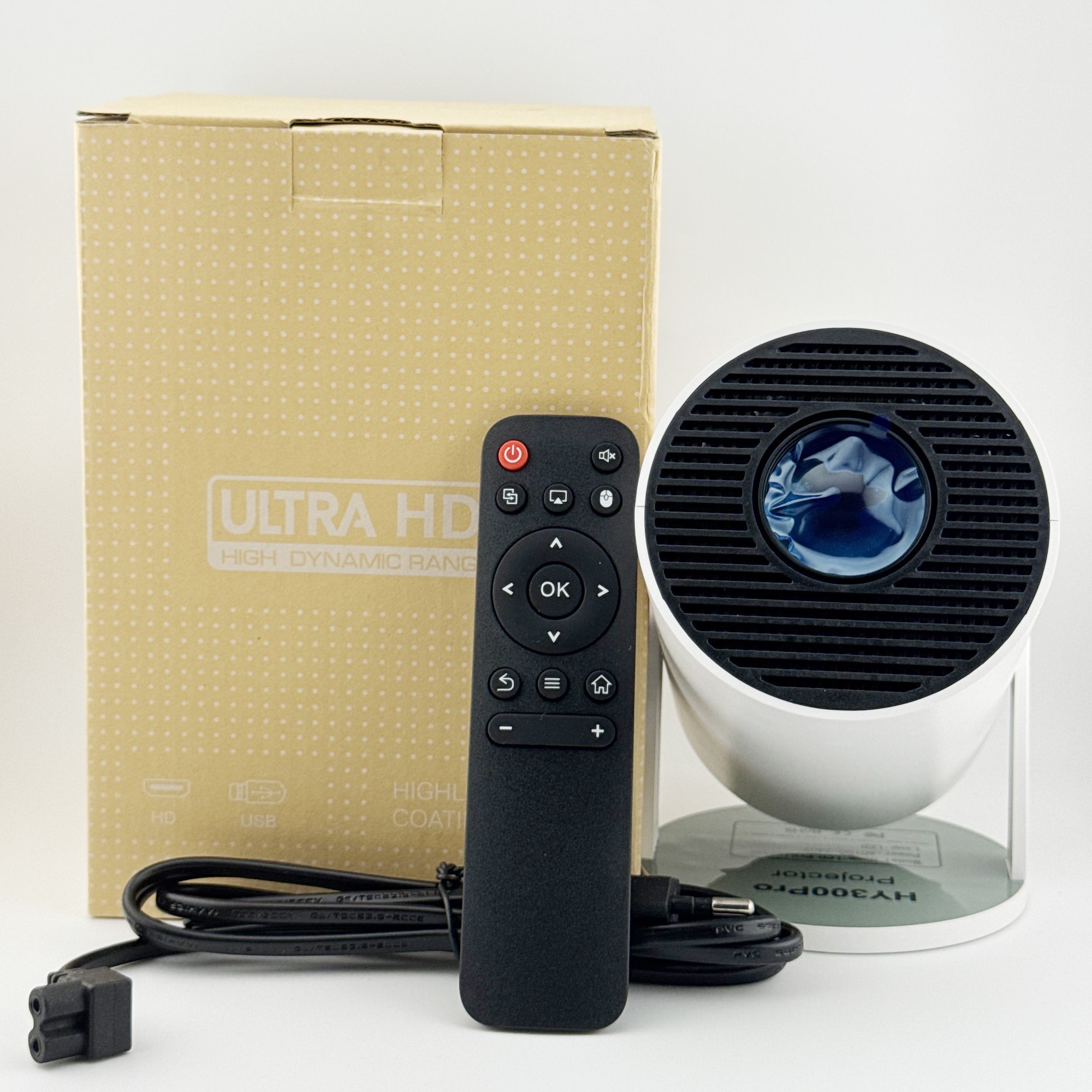 Video Proiector Portabil cilindric HY300PRO, Flippy, Inteligent, Full HD 1080 x 1280, Wireless, Compatibil cu Android/iOS, 17 x 10 x 9 cm, Alb