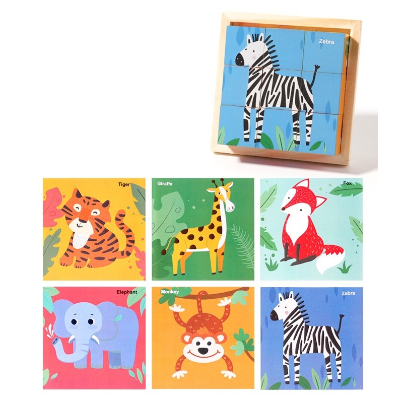 Puzzle din Lemn, Flippy, 9 Cuburi, 6 Fete, 4-6 Ani, 11 x 11 x 3.2 cm, Model Animale Salbatice, Multicolor