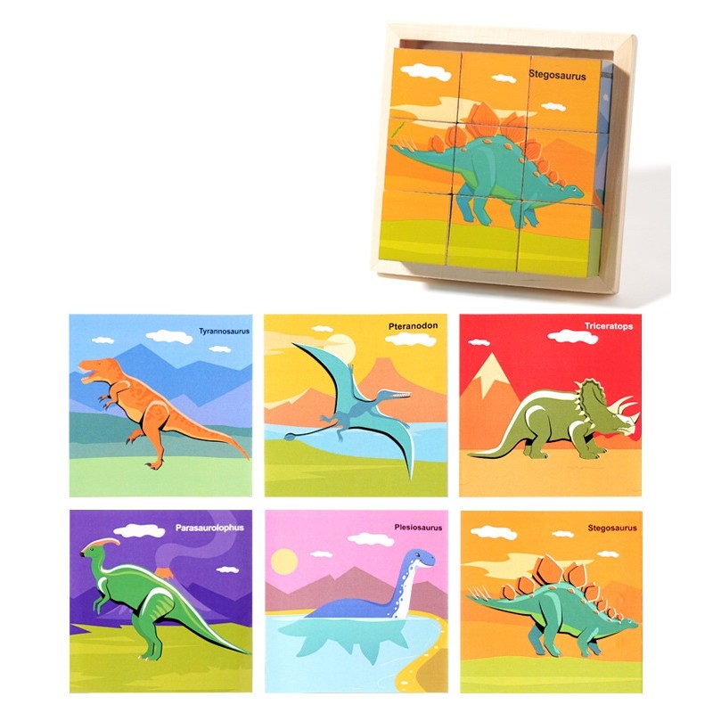 Puzzle din Lemn, Flippy, 9 Cuburi, 6 Fete, 4-6 Ani, 11 x 11 x 3.2 cm, Model Dinozauri, Multicolor