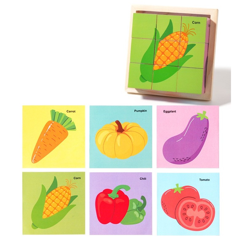 Puzzle din Lemn, Flippy, 9 Cuburi, 6 Fete, 4-6 Ani, 11 x 11 x 3.2 cm, Model Legume, Multicolor