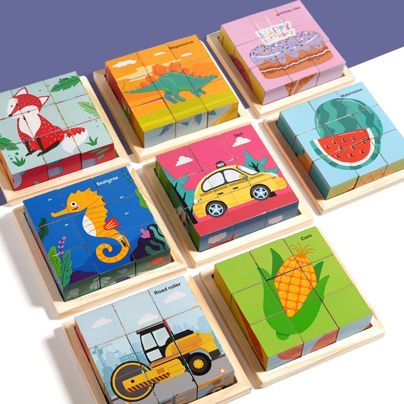 Puzzle din Lemn, Flippy, 9 Cuburi, 6 Fete, 4-6 Ani, 11 x 11 x 3.2 cm, Model Utilaje, Multicolor