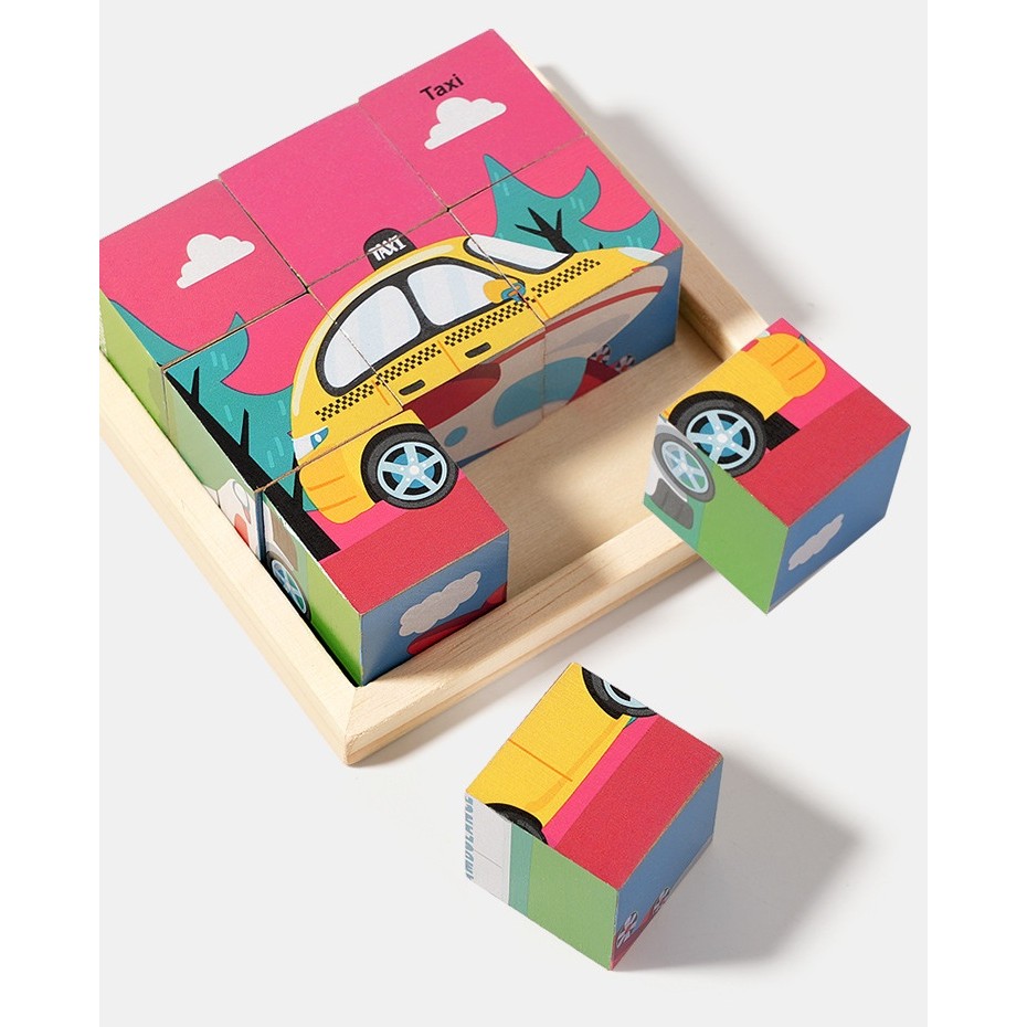 Puzzle din Lemn, Flippy, 9 Cuburi, 6 Fete, 4-6 Ani, 11 x 11 x 3.2 cm, Model Masini, Multicolor