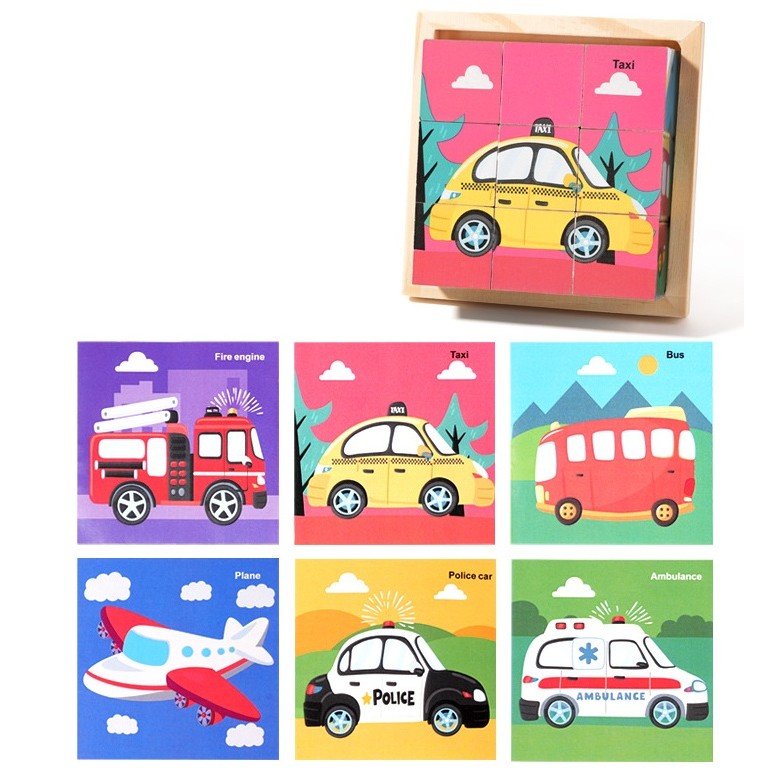 Puzzle din Lemn, Flippy, 9 Cuburi, 6 Fete, 4-6 Ani, 11 x 11 x 3.2 cm, Model Masini, Multicolor