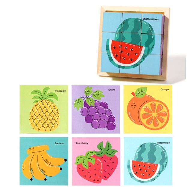Puzzle din Lemn, Flippy, 9 Cuburi, 6 Fete, 4-6 Ani, 11 x 11 x 3.2 cm, Model Fructe, Multicolor