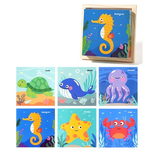 Puzzle din Lemn, Flippy, 9 Cuburi, 6 Fete, 4-6 Ani, 11 x 11 x 3.2 cm, Model Animale Marine, Multicolor