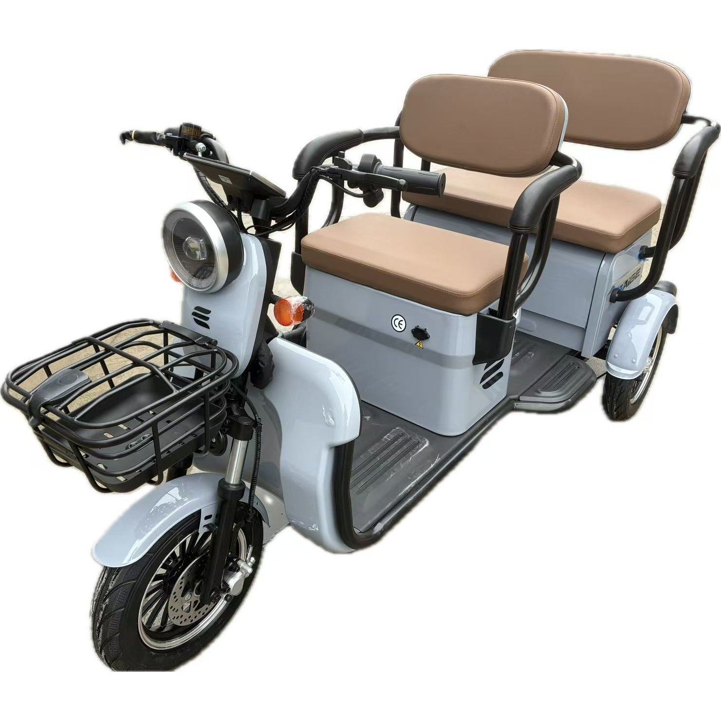 Triciclu Electric V6, Saige, Fara Permis, cu Doua Locuri, Motor 1800W, Baterie 72V24Ah, Autonomie 60km, 220x88x105 cm, Viteza Maxima 25km/h, Gri OldStyle