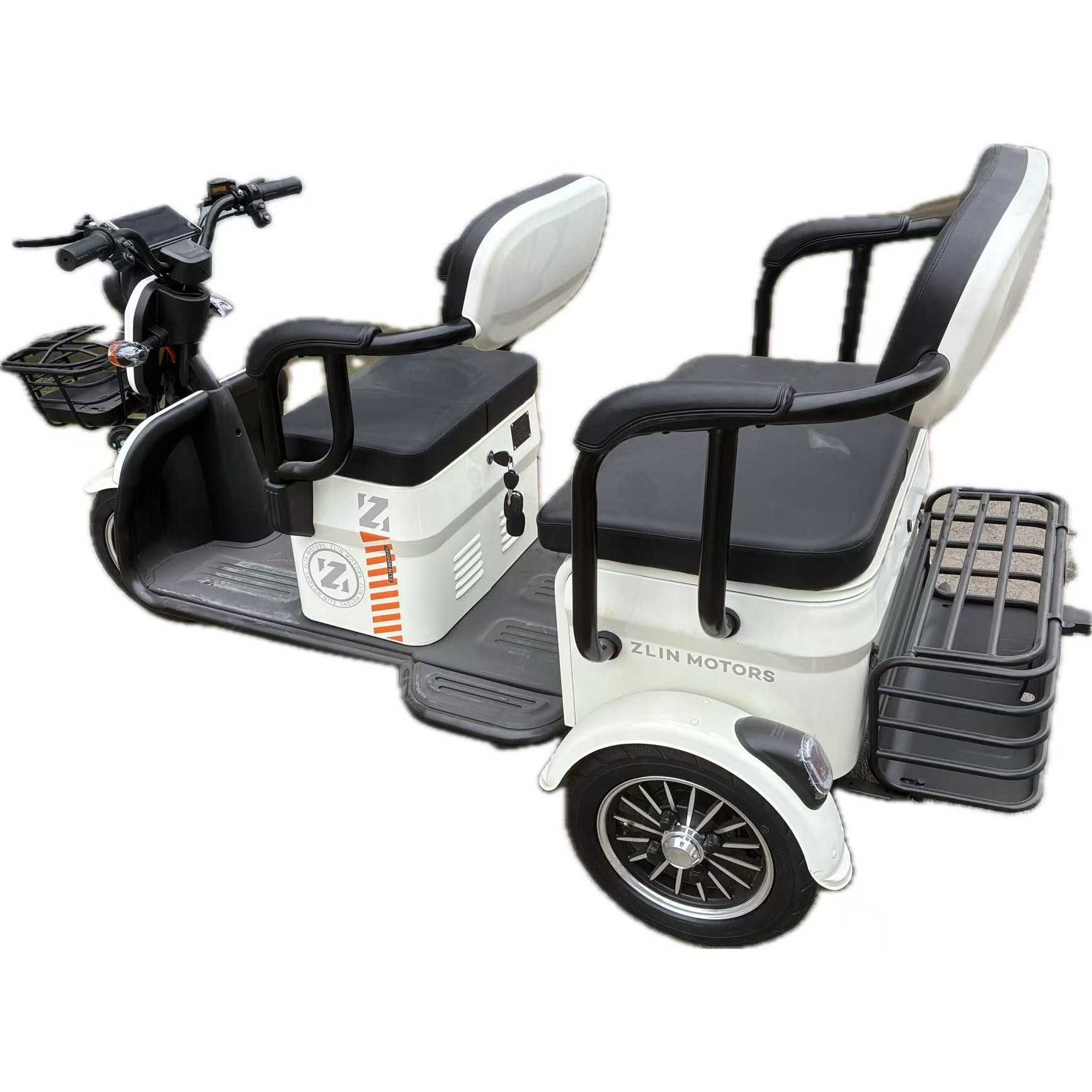 Triciclu Electric V6, Saige, Fara Permis, cu Doua Locuri, Motor 1800W, Baterie 72V24Ah, Autonomie 60km, 220x88x105 cm, Viteza Maxima 25km/h, Alb