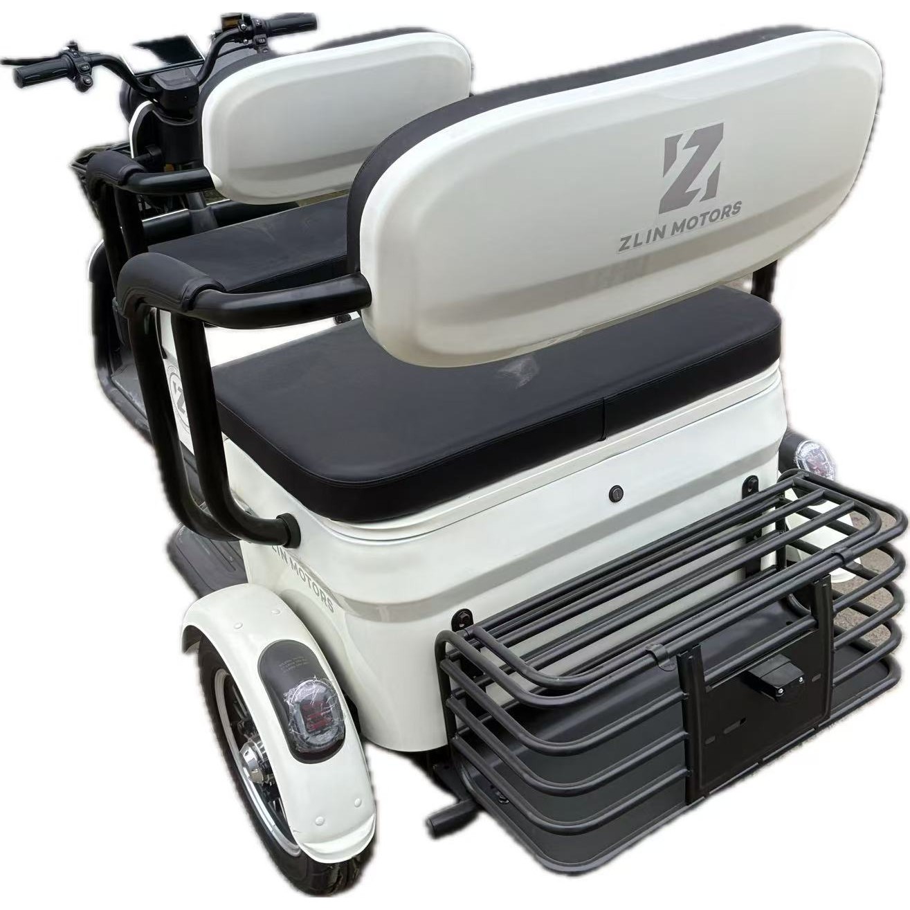 Triciclu Electric V6, Saige, Fara Permis, cu Doua Locuri, Motor 1800W, Baterie 72V24Ah, Autonomie 60km, 220x88x105 cm, Viteza Maxima 25km/h, Alb