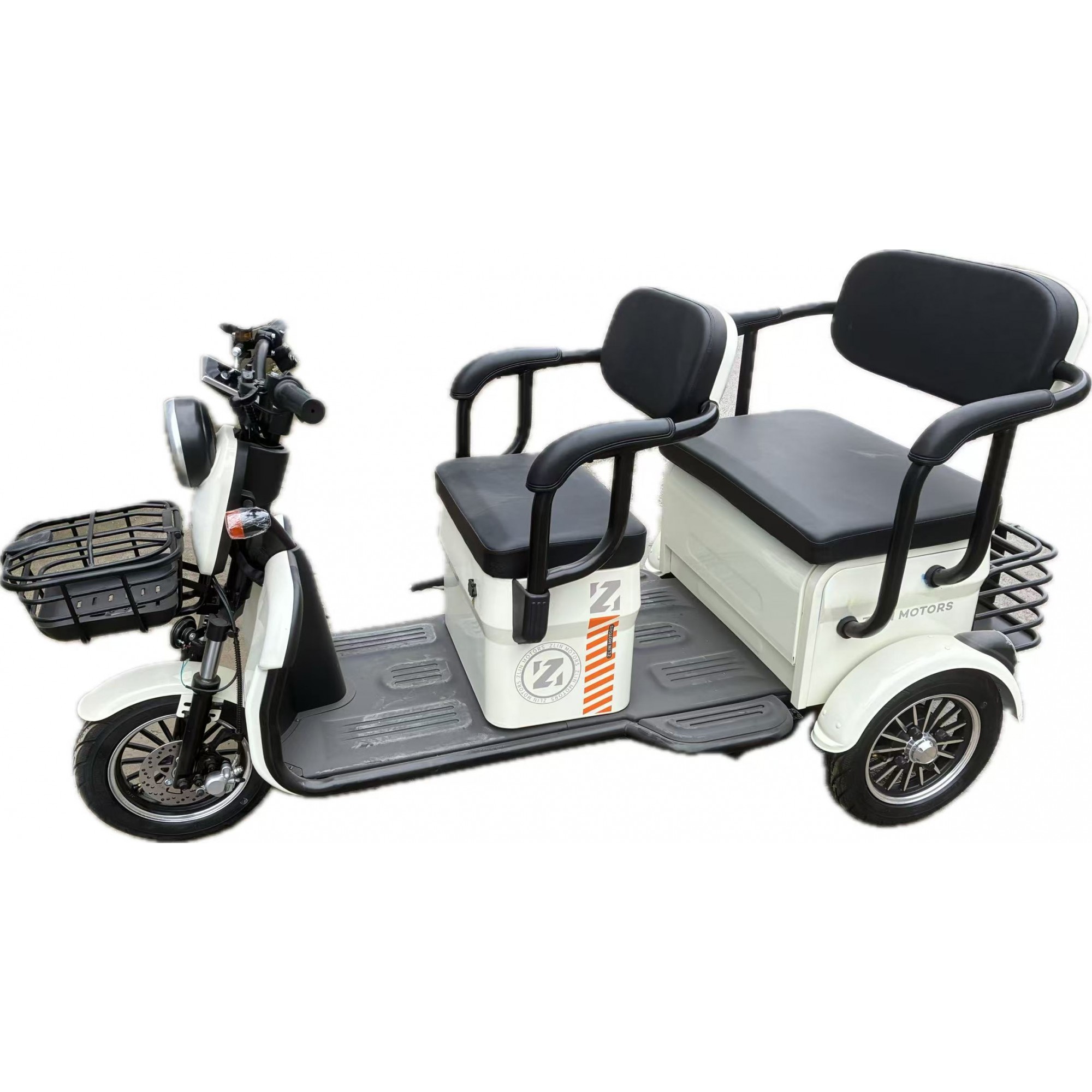 Triciclu Electric V6, Saige, Fara Permis, cu Doua Locuri, Motor 1800W, Baterie 72V24Ah, Autonomie 60km, 220x88x105 cm, Viteza Maxima 25km/h, Alb