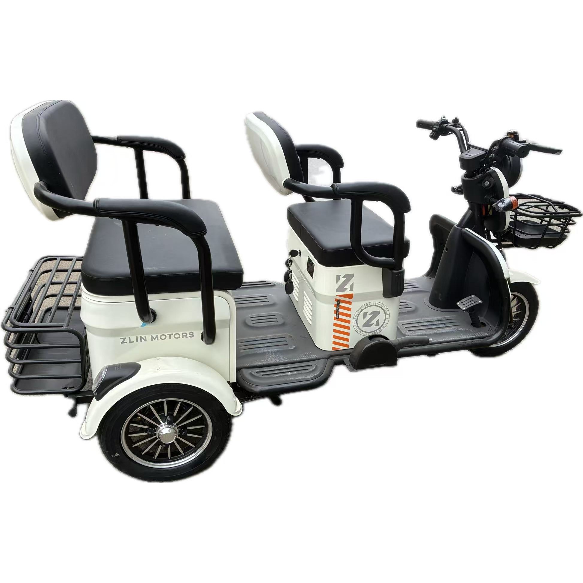 Triciclu Electric V6, Saige, Fara Permis, cu Doua Locuri, Motor 1800W, Baterie 72V24Ah, Autonomie 60km, 220x88x105 cm, Viteza Maxima 25km/h, Alb