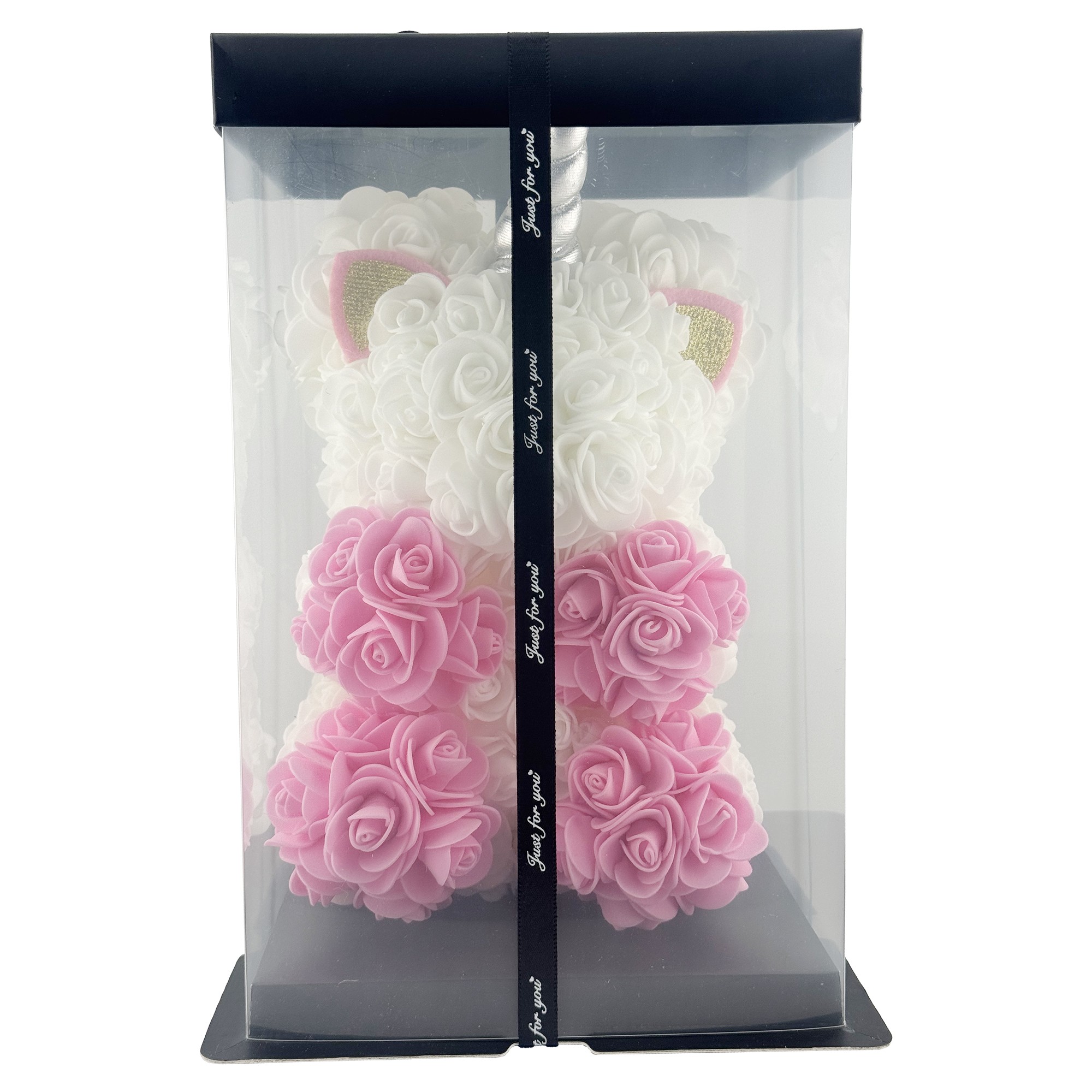 Unicorn din Flori, Flippy, Unicorn din Trandafiri de Spuma, Unicornul 17 x 17 x 23 cm / Cutia Trasparenta 19 x 19 x 28 cm, Roz/Alb