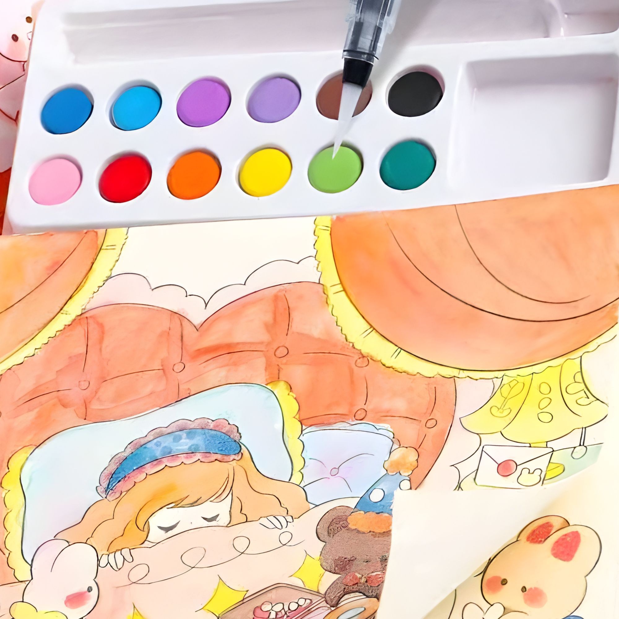 Carte de Colorat cu Acuarela, Flippy, Model Printesa, 20 Foi de Carton 200 gr, 12 Culori, 1 Pensula, 15.7 x 18.8 x 1.8 cm, Roz deschis