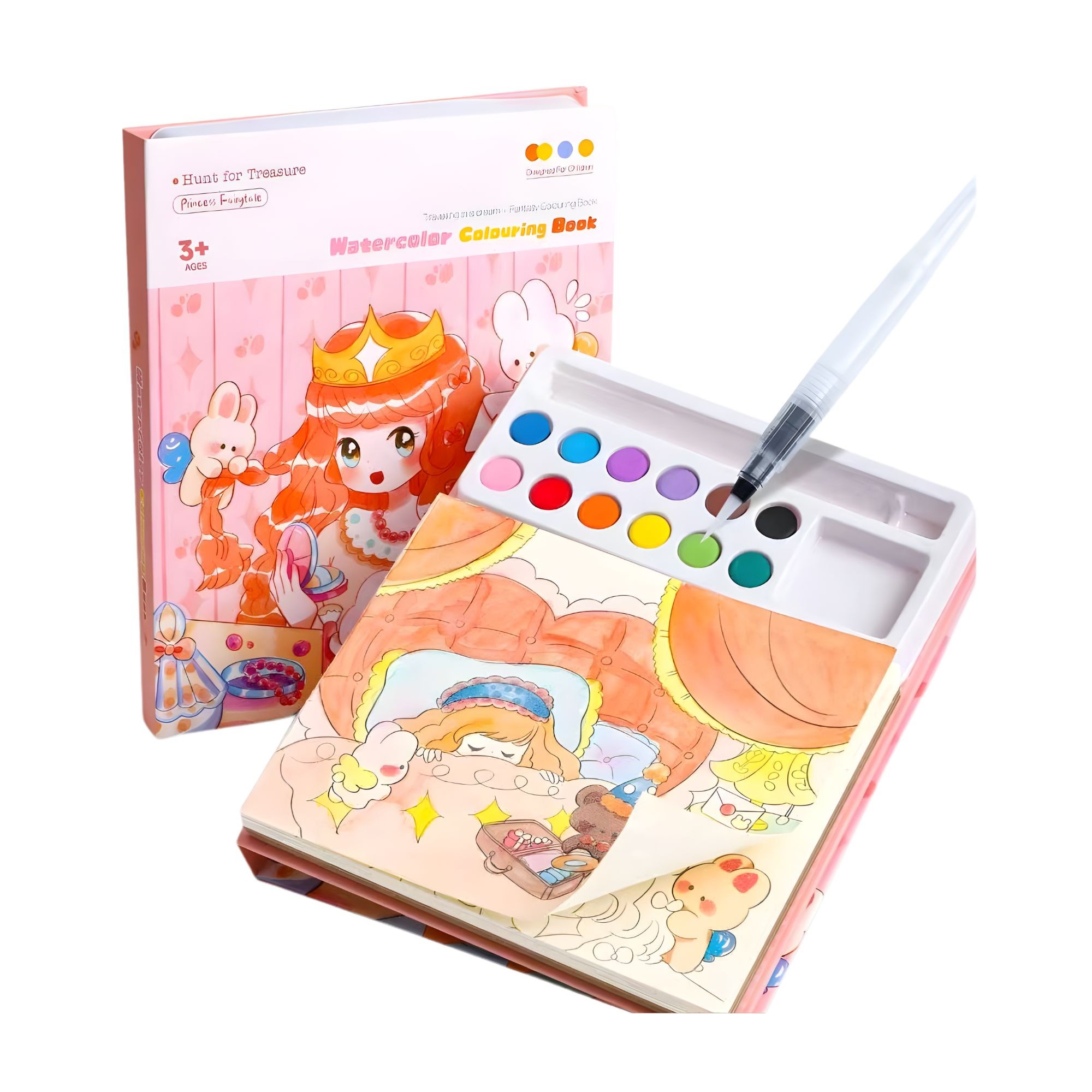 Carte de Colorat cu Acuarela, Flippy, Model Printesa, 20 Foi de Carton 200 gr, 12 Culori, 1 Pensula, 15.7 x 18.8 x 1.8 cm, Roz deschis