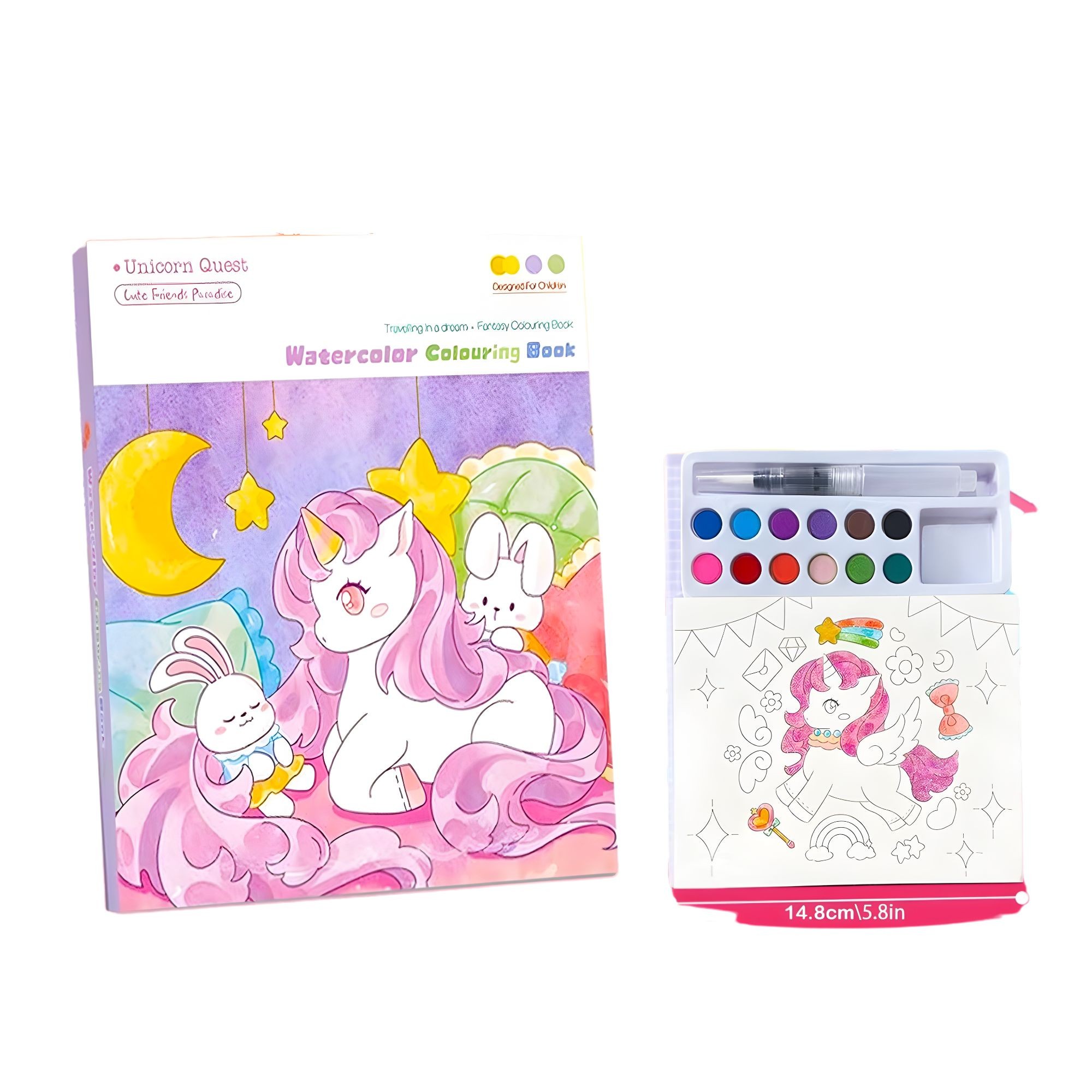 Carte de Colorat cu Acuarela, Flippy, Model Unicorn, 20 Foi de Carton 200 gr, 12 Culori, 1 Pensula, 15.7 x 18.8 x 1.8 cm, Mov