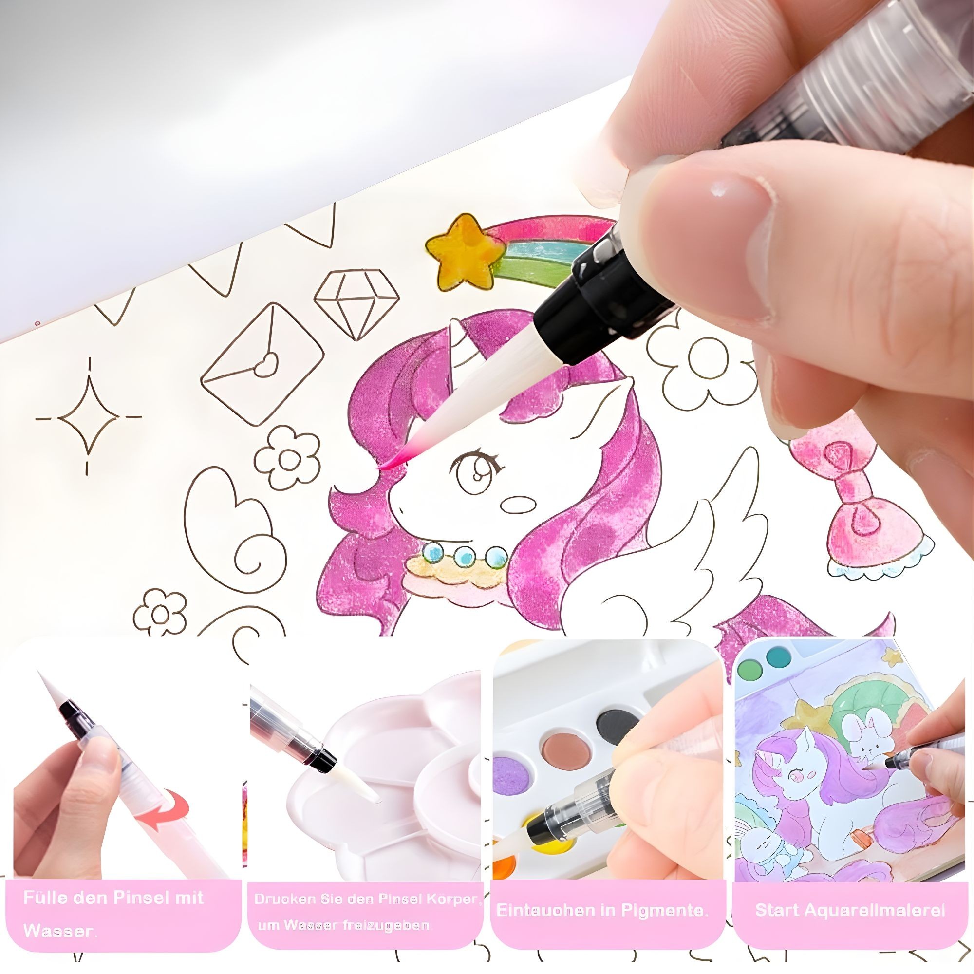 Carte de Colorat cu Acuarela, Flippy, Model Unicorn, 20 Foi de Carton 200 gr, 12 Culori, 1 Pensula, 15.7 x 18.8 x 1.8 cm, Mov