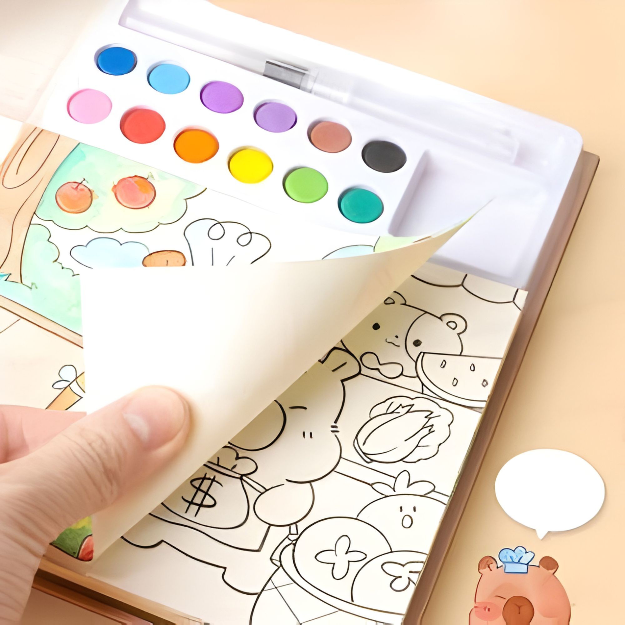 Carte de Colorat cu Acuarela, Flippy, Model Capibara, 20 Foi de Carton 200 gr, 12 Culori, 1 Pensula, 15.7 x 18.8 x 1.8 cm, Maro