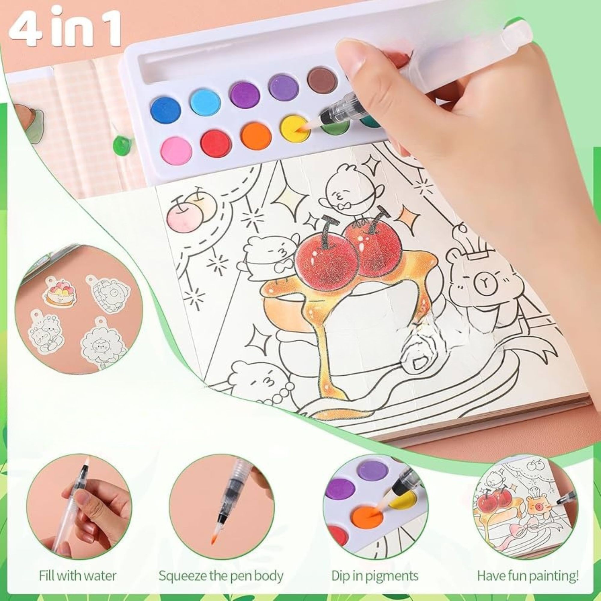 Carte de Colorat cu Acuarela, Flippy, Model Capibara, 20 Foi de Carton 200 gr, 12 Culori, 1 Pensula, 15.7 x 18.8 x 1.8 cm, Maro