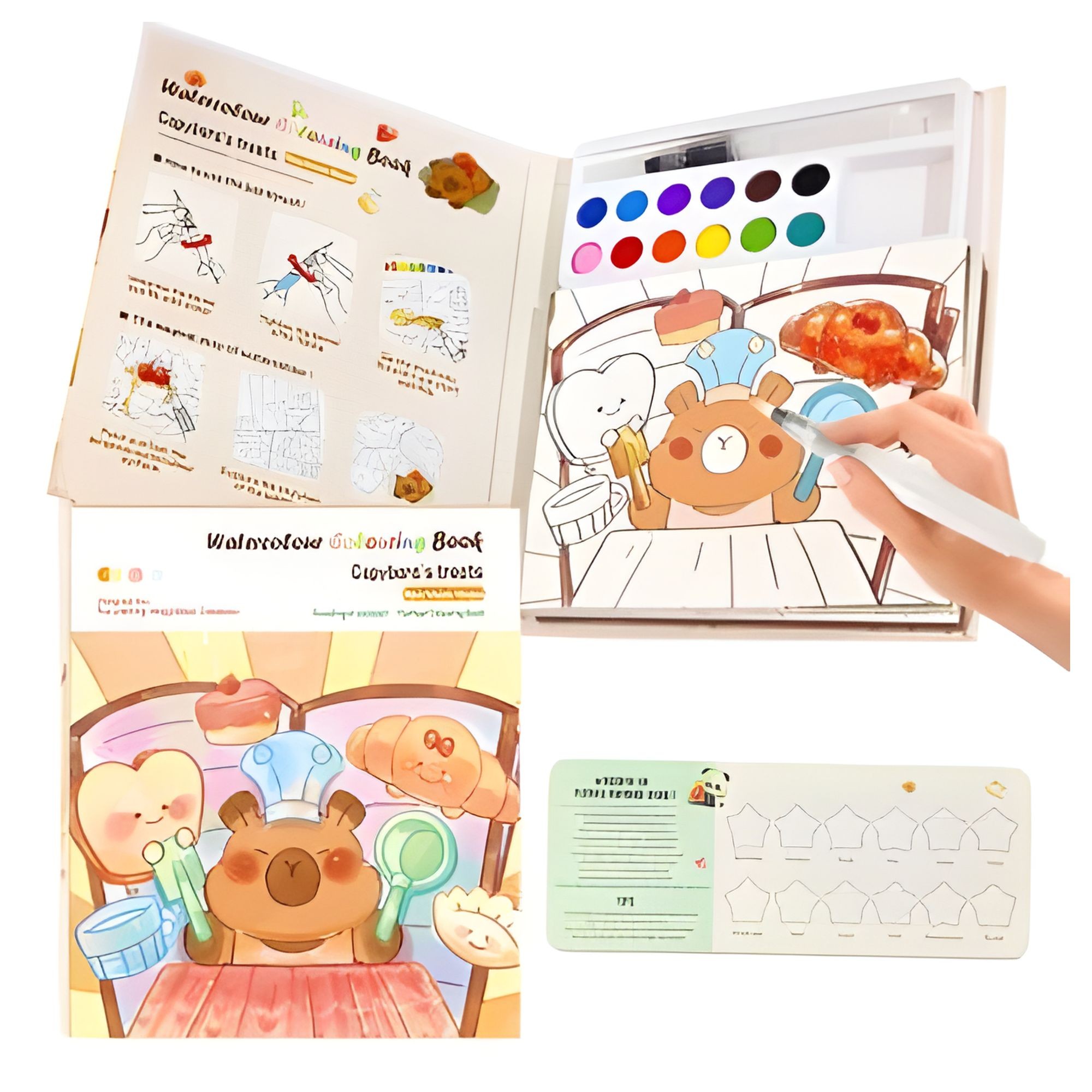 Carte de Colorat cu Acuarela, Flippy, Model Capibara, 20 Foi de Carton 200 gr, 12 Culori, 1 Pensula, 15.7 x 18.8 x 1.8 cm, Maro