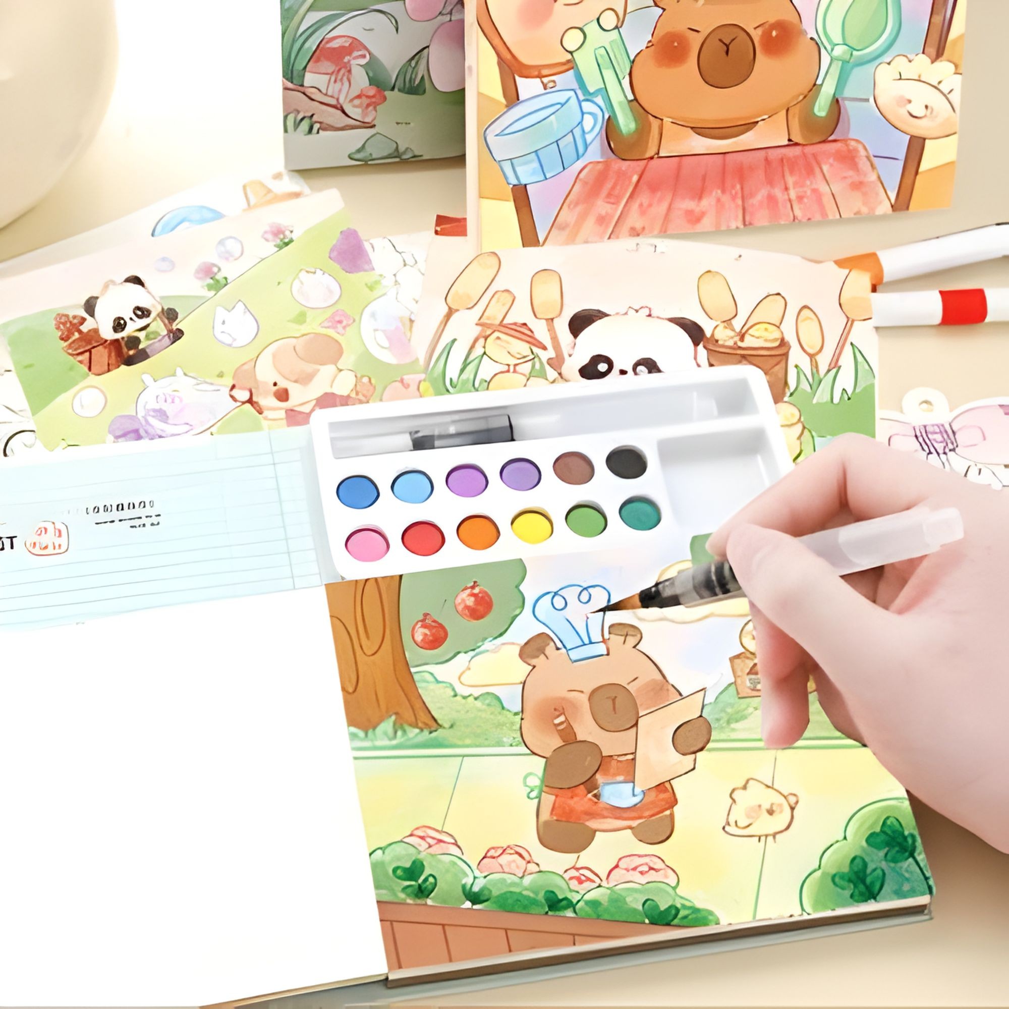 Carte de Colorat cu Acuarela, Flippy, Model Capibara, 20 Foi de Carton 200 gr, 12 Culori, 1 Pensula, 15.7 x 18.8 x 1.8 cm, Maro