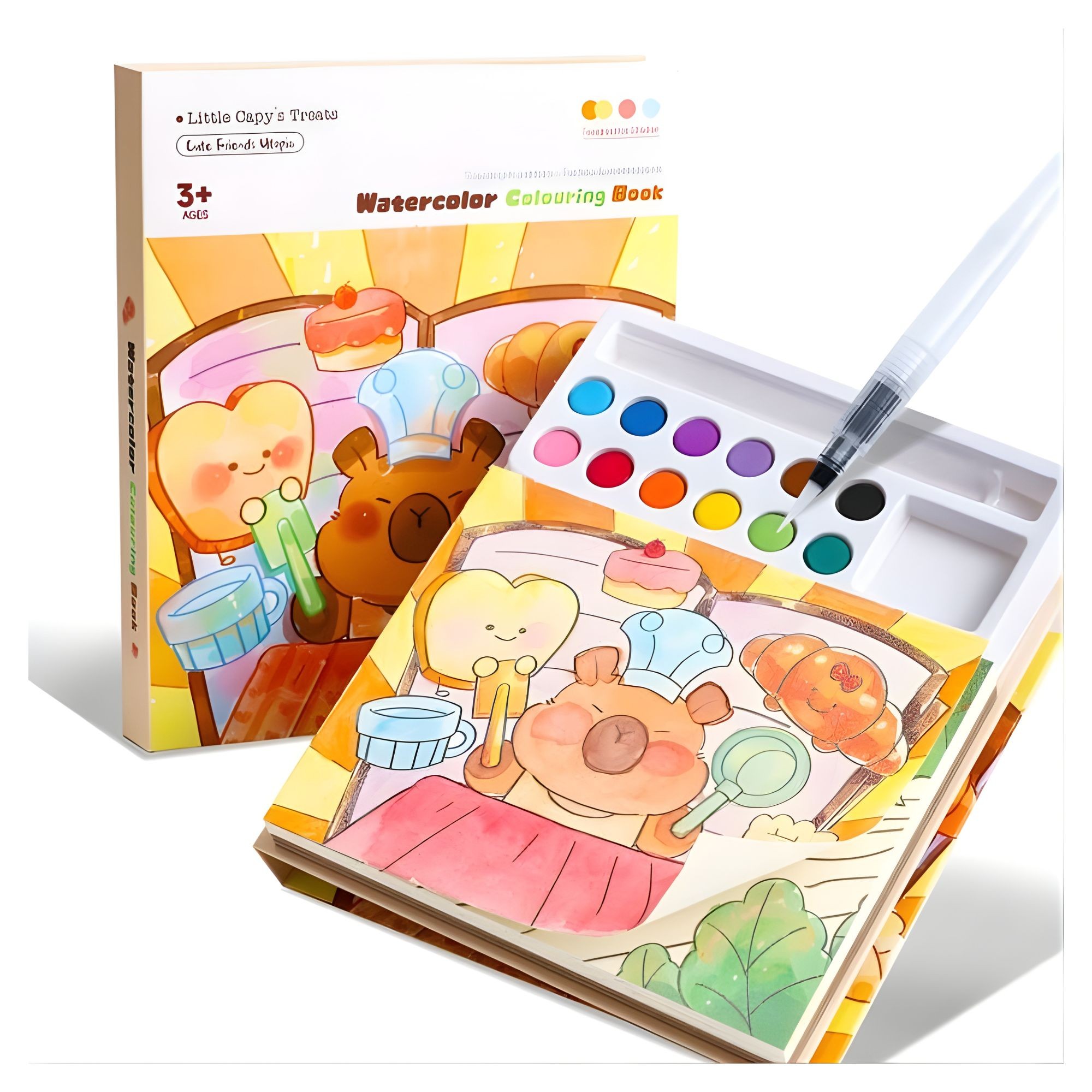 Carte de Colorat cu Acuarela, Flippy, Model Capibara, 20 Foi de Carton 200 gr, 12 Culori, 1 Pensula, 15.7 x 18.8 x 1.8 cm, Maro