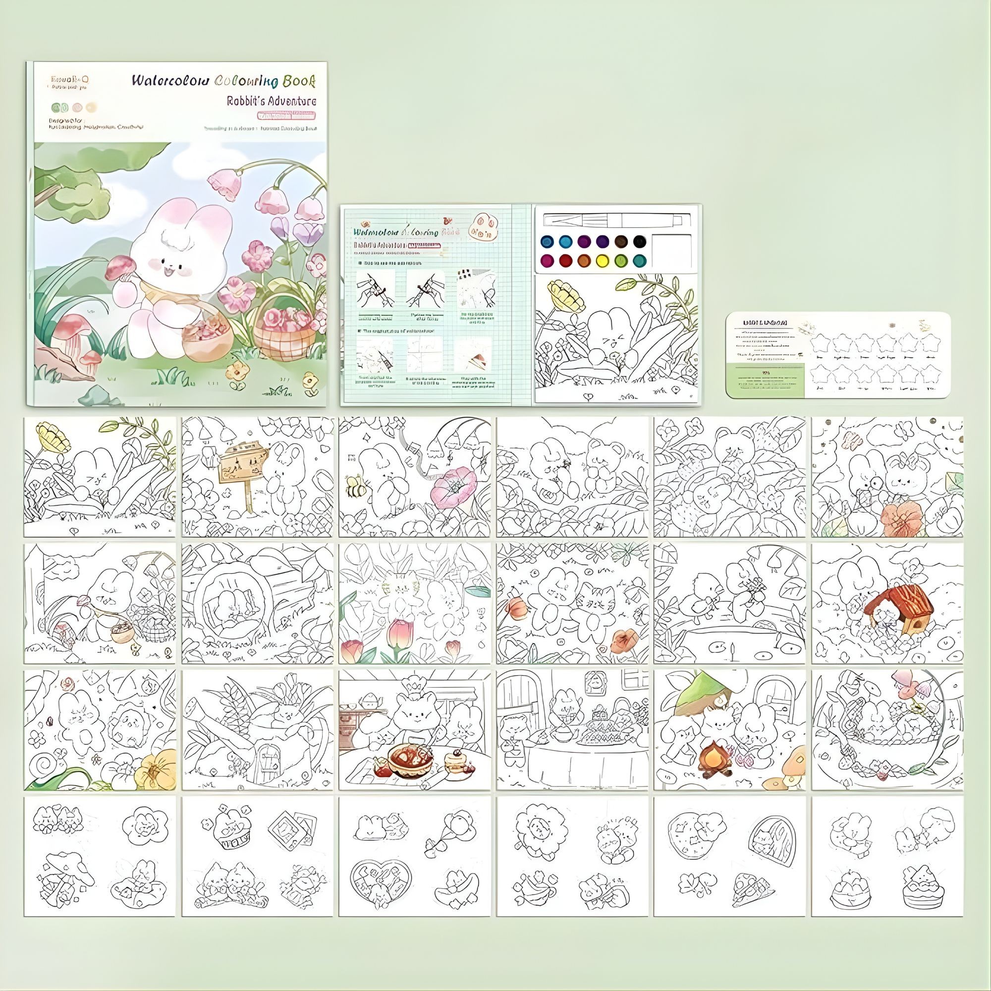 Carte de Colorat cu Acuarela, Flippy, Model Iepure, 20 Foi de Carton 200 gr, 12 Culori, 1 Pensula, 15.7 x 18.8 x 1.8 cm, Alb