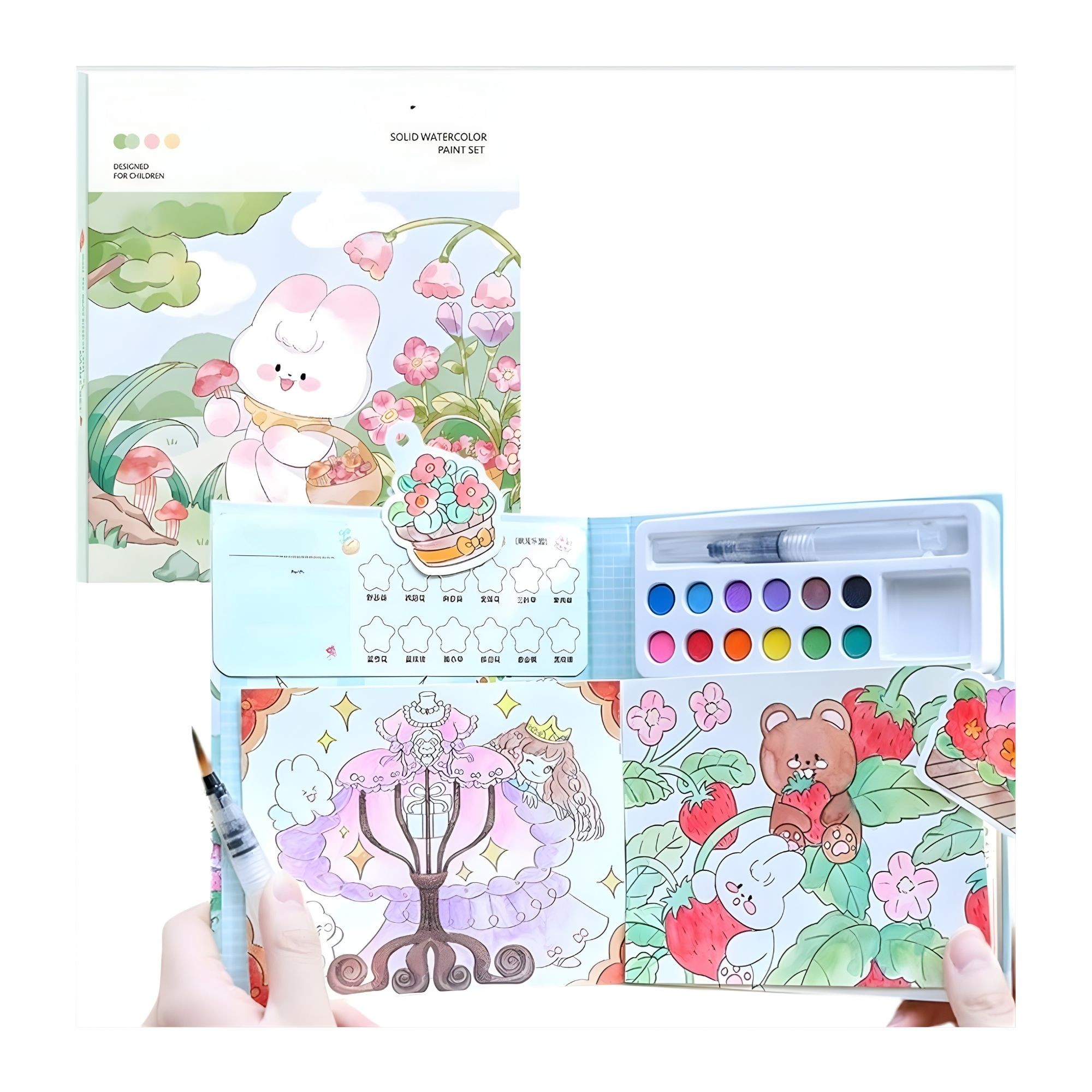 Carte de Colorat cu Acuarela, Flippy, Model Iepure, 20 Foi de Carton 200 gr, 12 Culori, 1 Pensula, 15.7 x 18.8 x 1.8 cm, Alb