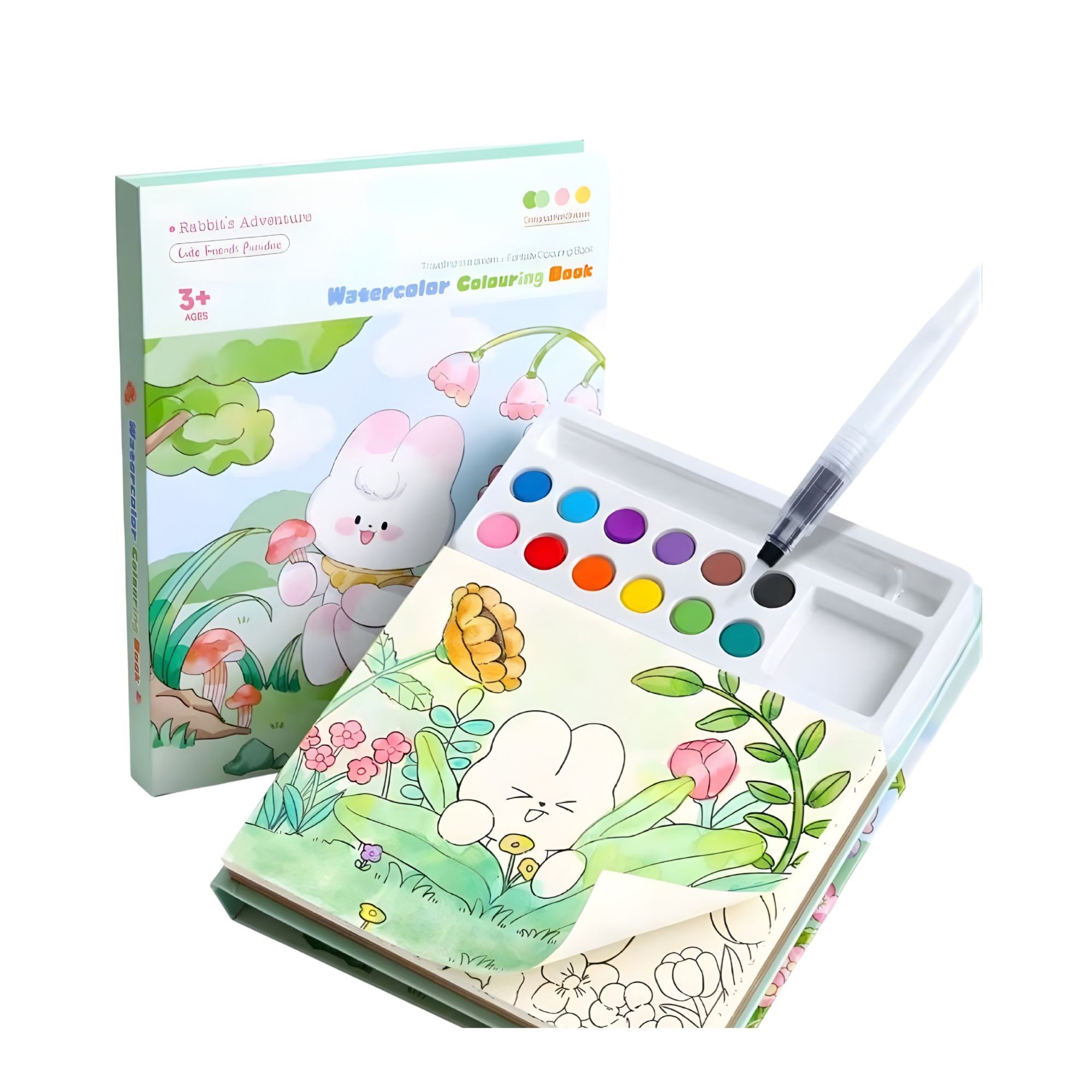 Carte de Colorat cu Acuarela, Flippy, Model Iepure, 20 Foi de Carton 200 gr, 12 Culori, 1 Pensula, 15.7 x 18.8 x 1.8 cm, Alb