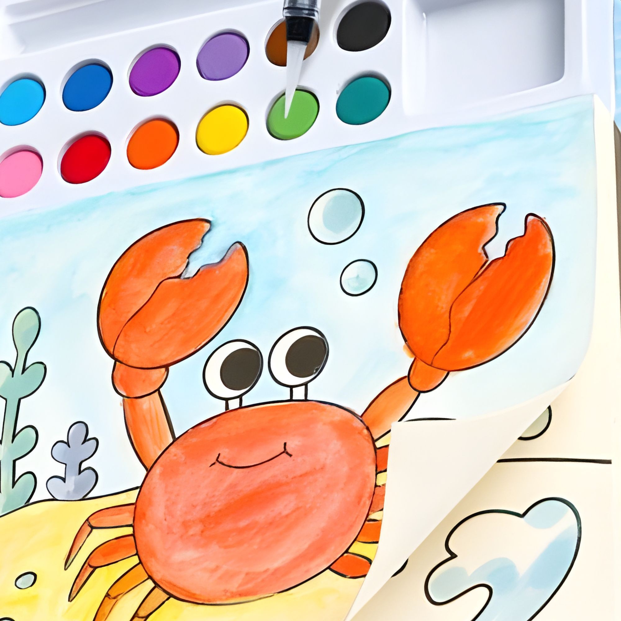 Carte de Colorat cu Acuarela, Flippy, Model Balena, 20 Foi de Carton 200 gr, 12 Culori, 1 Pensula, 15.7 x 18.8 x 1.8 cm, Albastru