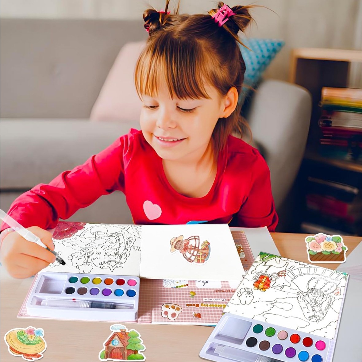 Carte de Colorat cu Acuarela, Flippy, Model Balena, 20 Foi de Carton 200 gr, 12 Culori, 1 Pensula, 15.7 x 18.8 x 1.8 cm, Albastru