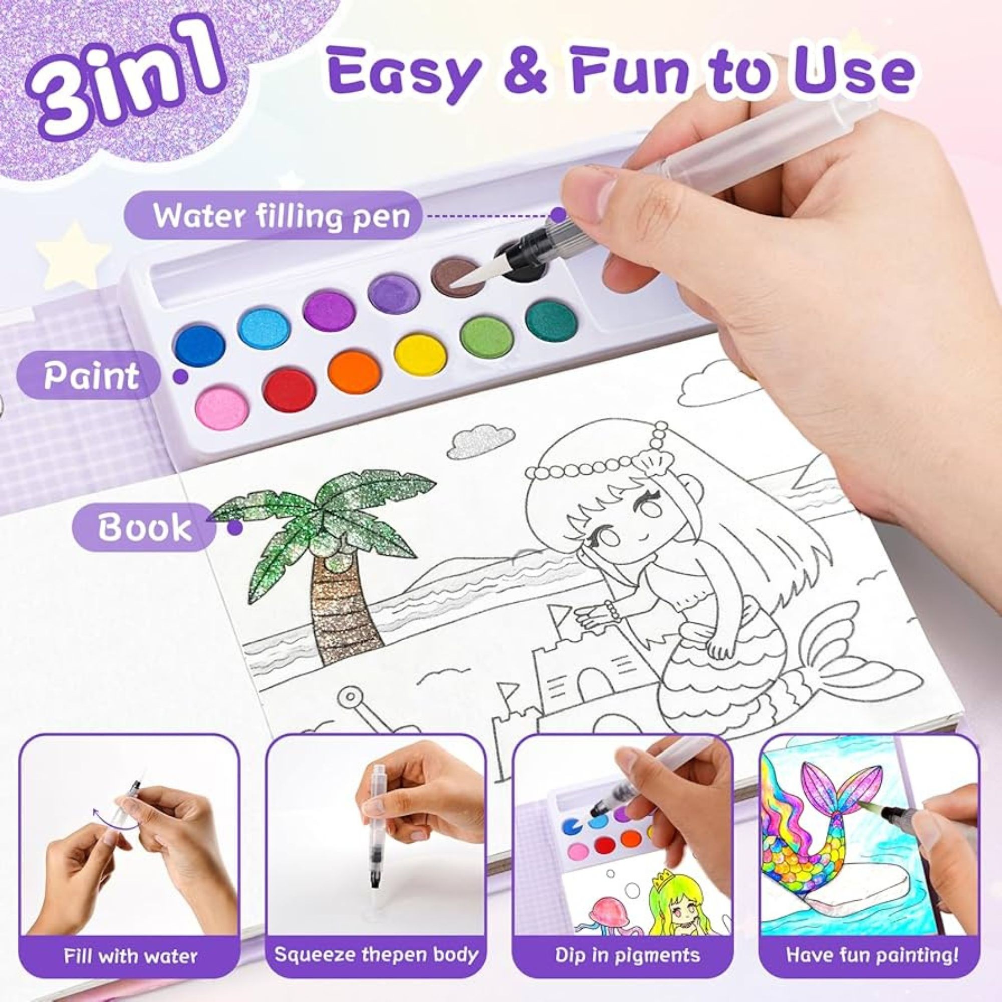 Carte de Colorat cu Acuarela, Flippy, Model Sirena, 20 Foi de Carton 200 gr, 12 Culori, 1 Pensula, 15.7 x 18.8 x 1.8 cm, Roz