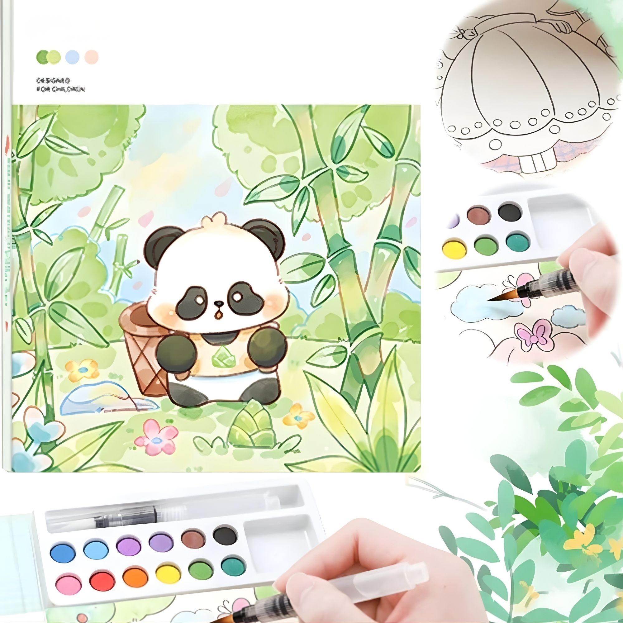 Carte de Colorat cu Acuarela, Flippy, Model Panda, 20 Foi de Carton 200 gr, 12 Culori, 1 Pensula, 15.7 x 18.8 x 1.8 cm, Verde