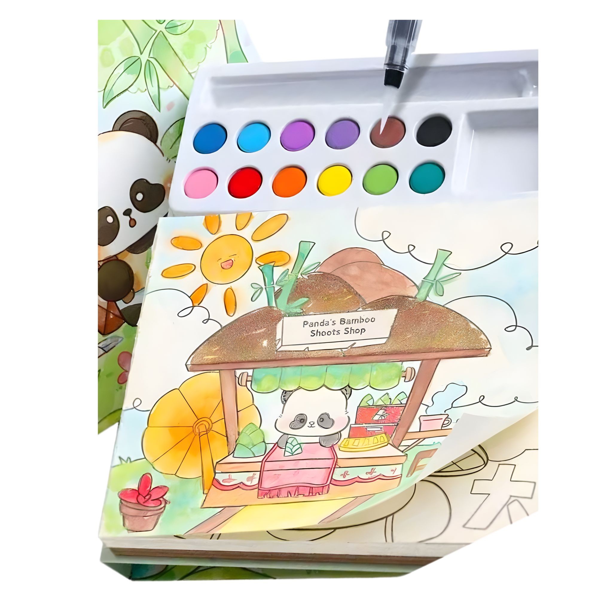 Carte de Colorat cu Acuarela, Flippy, Model Panda, 20 Foi de Carton 200 gr, 12 Culori, 1 Pensula, 15.7 x 18.8 x 1.8 cm, Verde