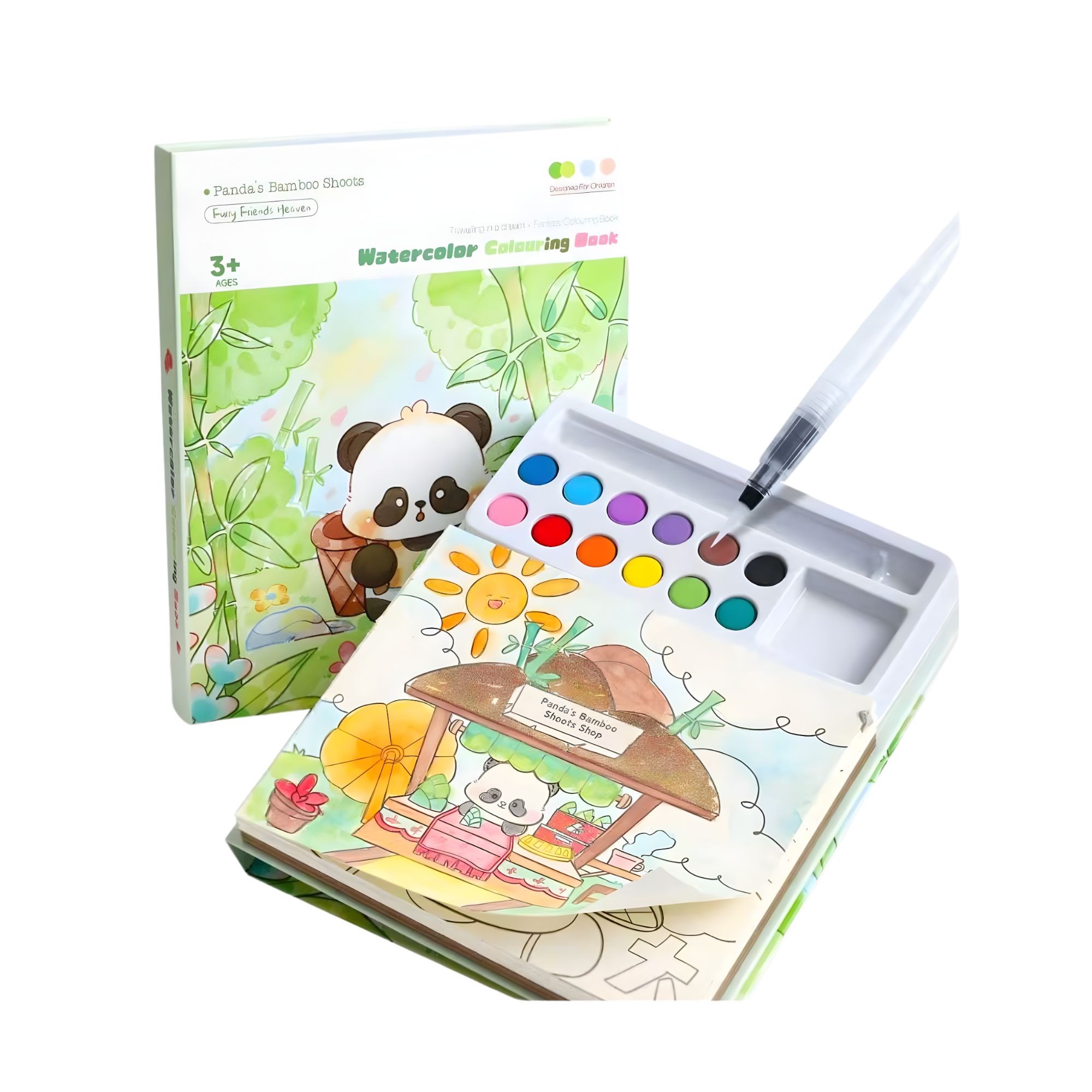 Carte de Colorat cu Acuarela, Flippy, Model Panda, 20 Foi de Carton 200 gr, 12 Culori, 1 Pensula, 15.7 x 18.8 x 1.8 cm, Verde