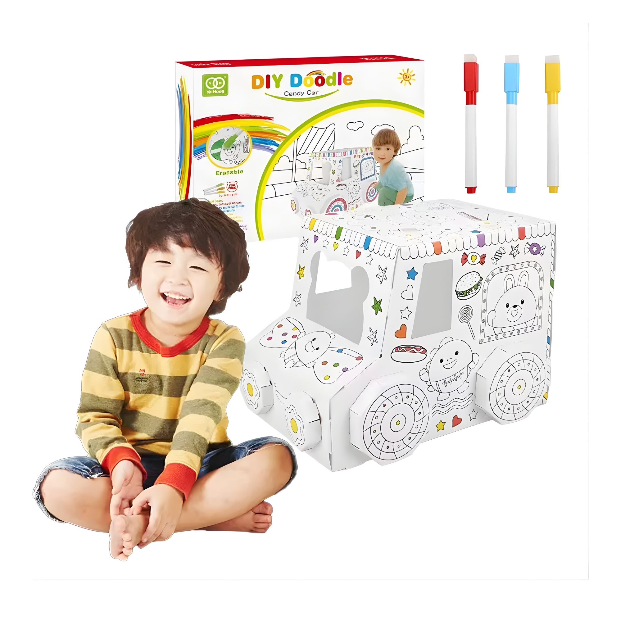 Jucarie Educativa pentru Copii, Flippy, Model Masinuta 3D, Jucarie de Asamblat si Colorat, din Carton, 28 x 20 cm, 3+ ani, Alb