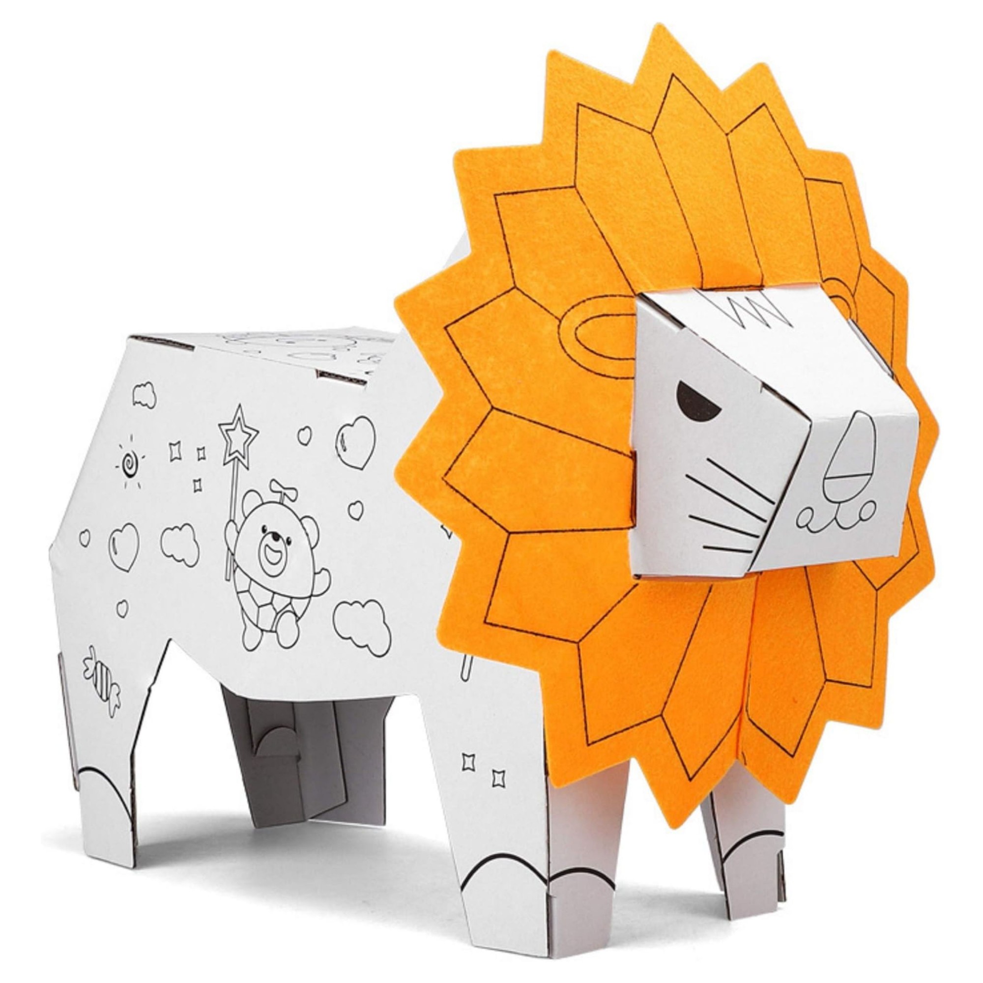 Jucarie Educativa pentru Copii, Flippy, Model Leu 3D, Puzzle 3D de Asamblat si Colorat din Carton, Educativ, 41 x 12 x 33 cm, 3+ ani, Maro/Alb