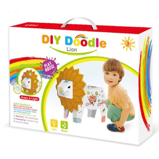 Jucarie Educativa pentru Copii, Flippy, Model Leu 3D, Puzzle 3D de Asamblat si Colorat din Carton, Educativ, 41 x 12 x 33 cm, 3+ ani, Maro/Alb