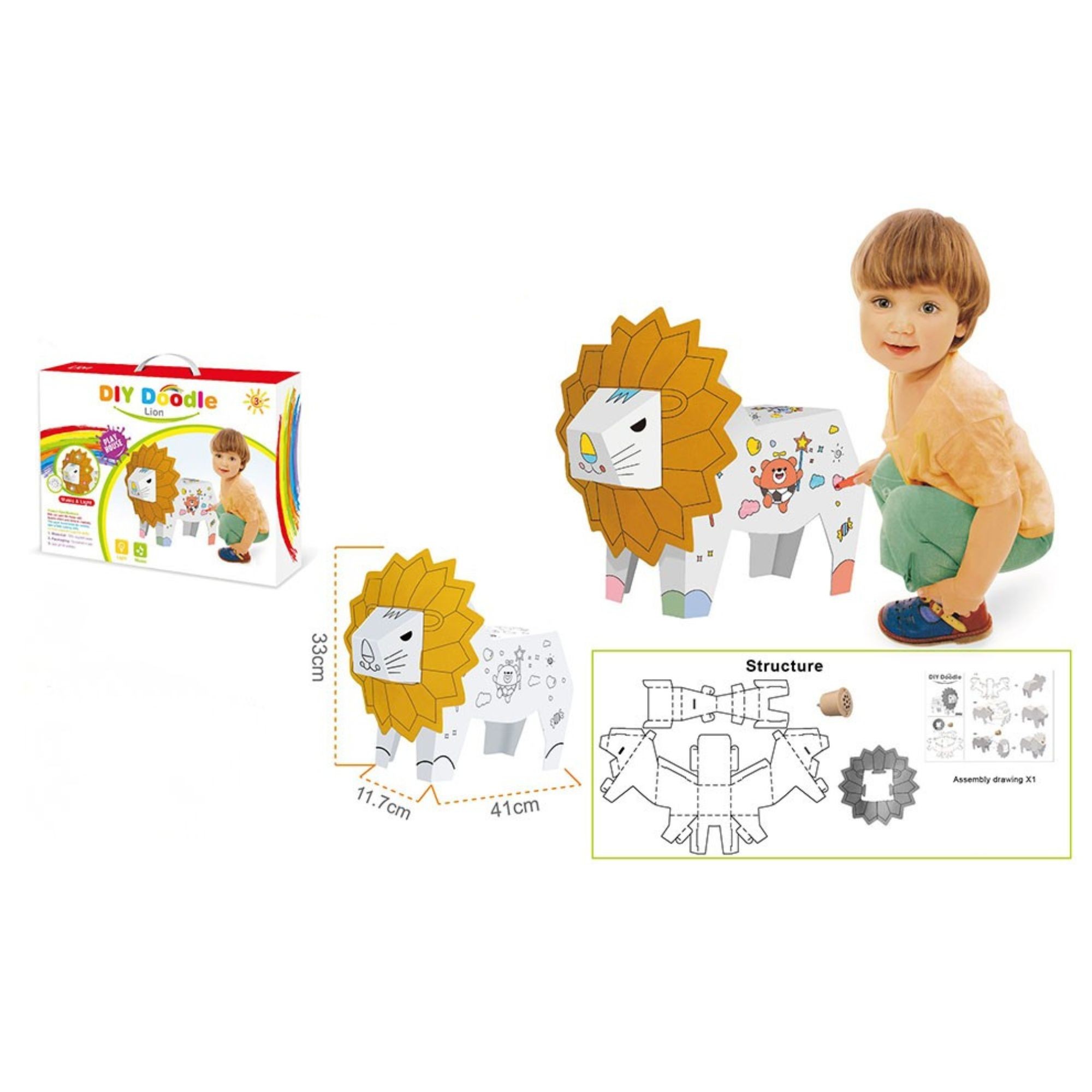 Jucarie Educativa pentru Copii, Flippy, Model Leu 3D, Puzzle 3D de Asamblat si Colorat din Carton, Educativ, 41 x 12 x 33 cm, 3+ ani, Maro/Alb